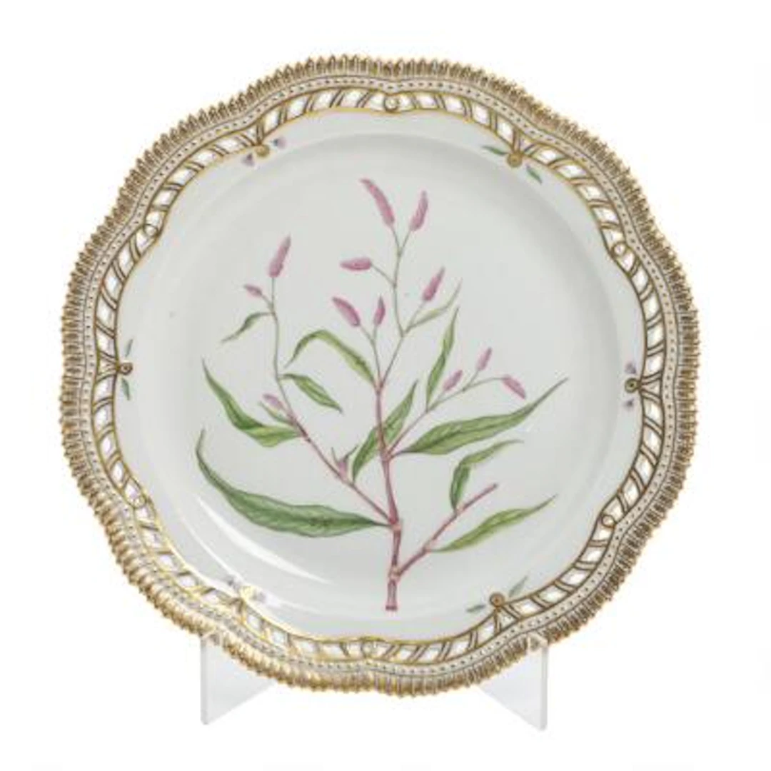 'Flora Danica'. An enamelled and gilt porcelain dish with pierced