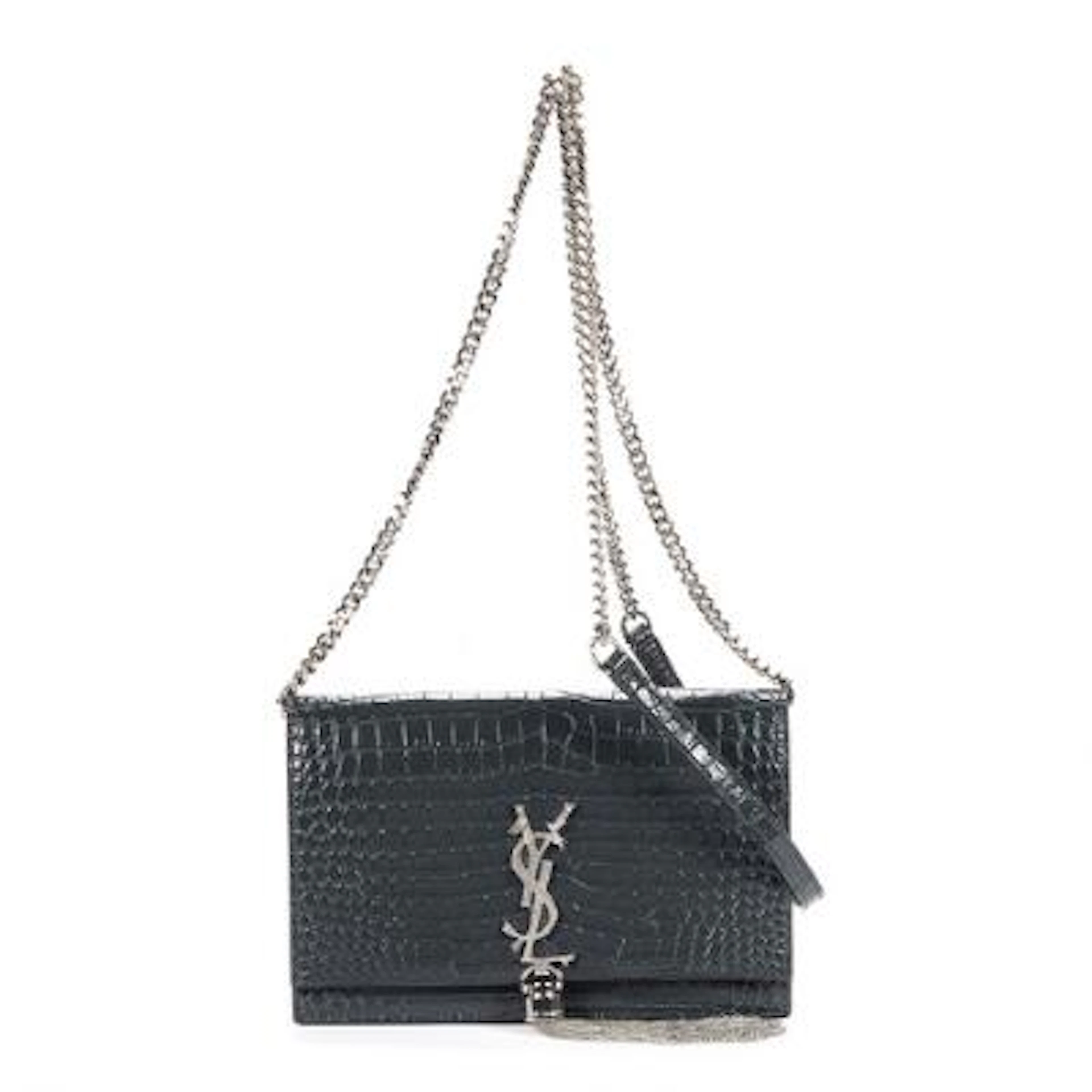 Yves Saint Laurent: A "Kate Tassel Chain Wallet" in grey croc-inspired