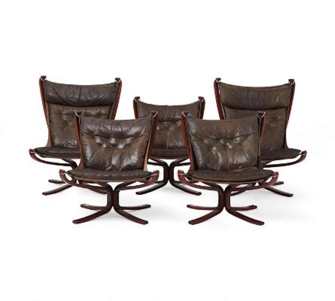 Sigurd Resell: "Falcon". Five easy chairs in stained beech. Cushions