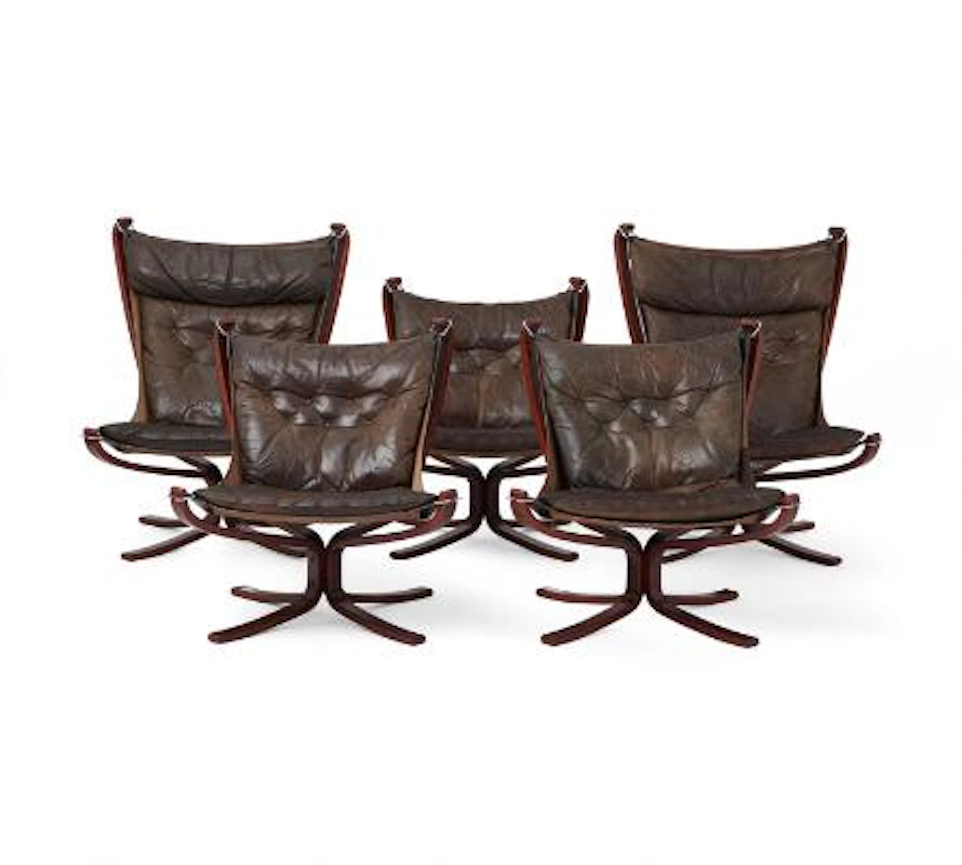 Sigurd Resell: "Falcon". Five easy chairs in stained beech. Cushions