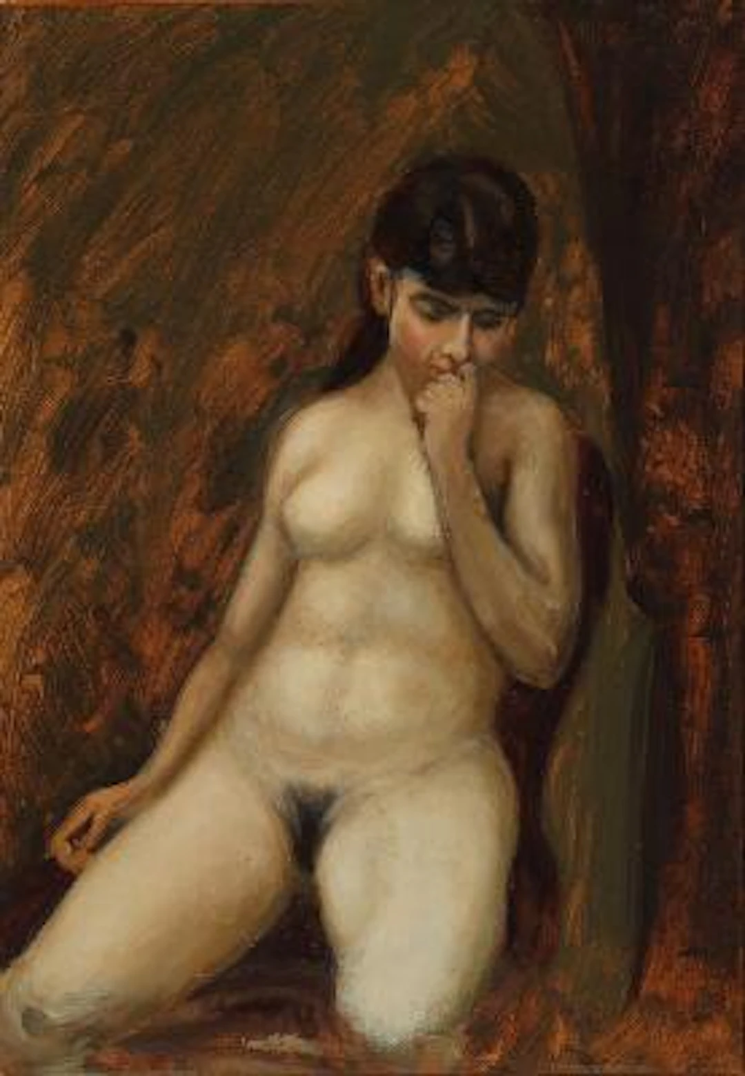 Unknown artist, 20th century: A seated female model. Unsigned. Oil