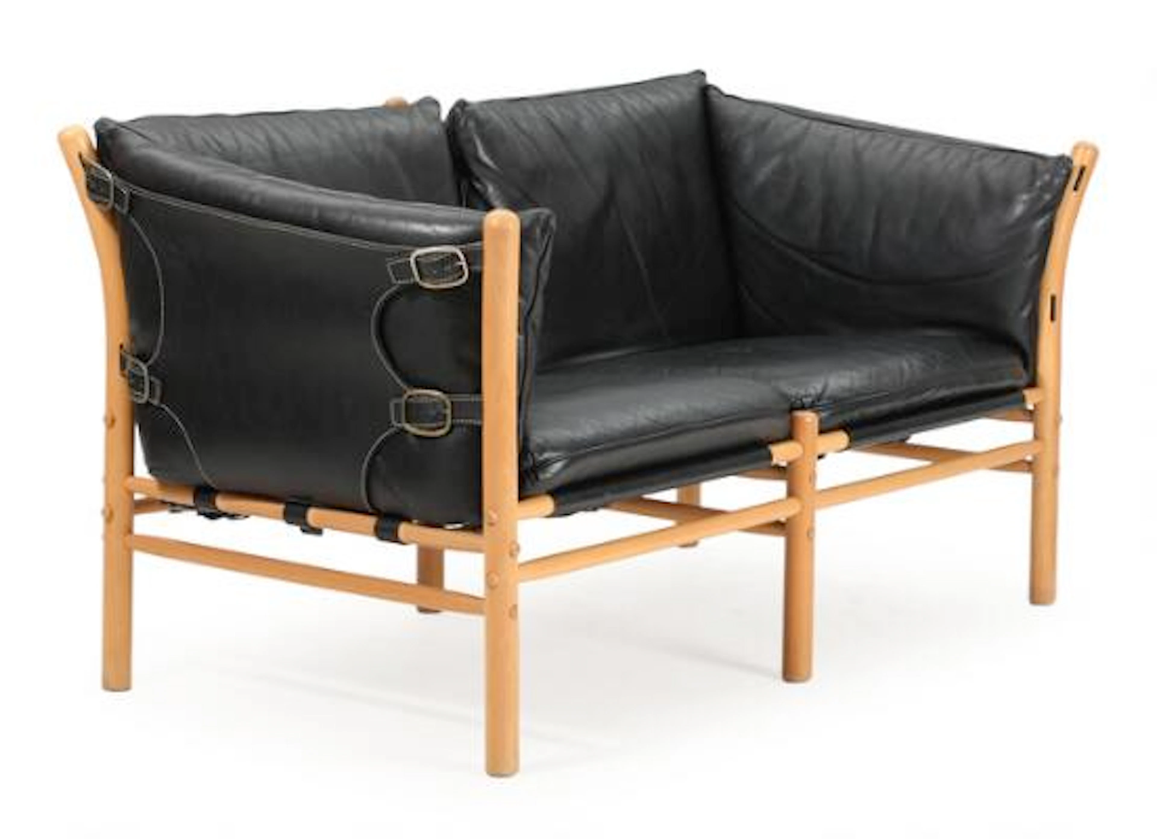 Arne Norell: "Ilona". A two-seated beech sofa, cushions with black