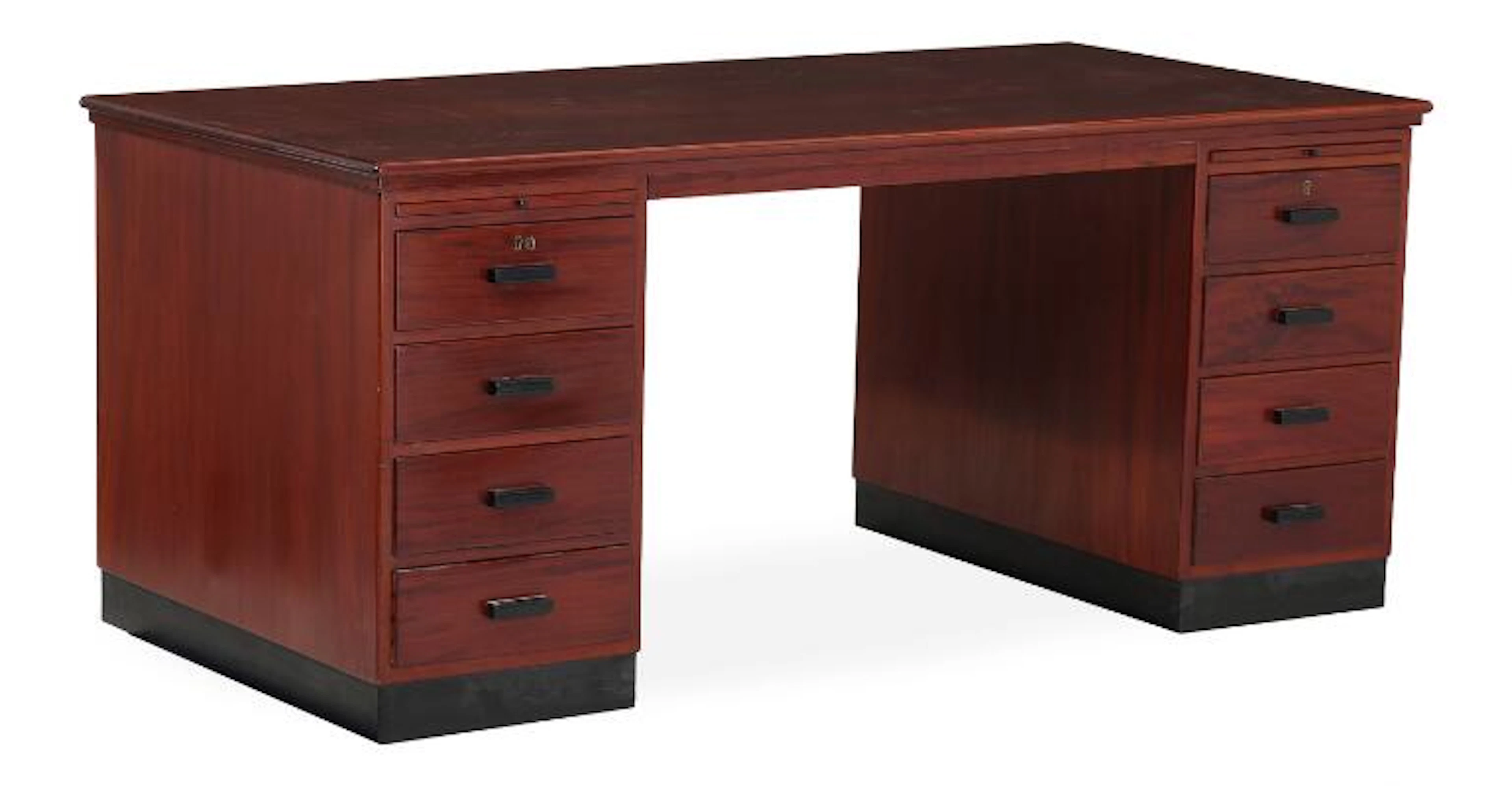 Danish cabinetmaker: Mahogany desk with two drawer sections on each