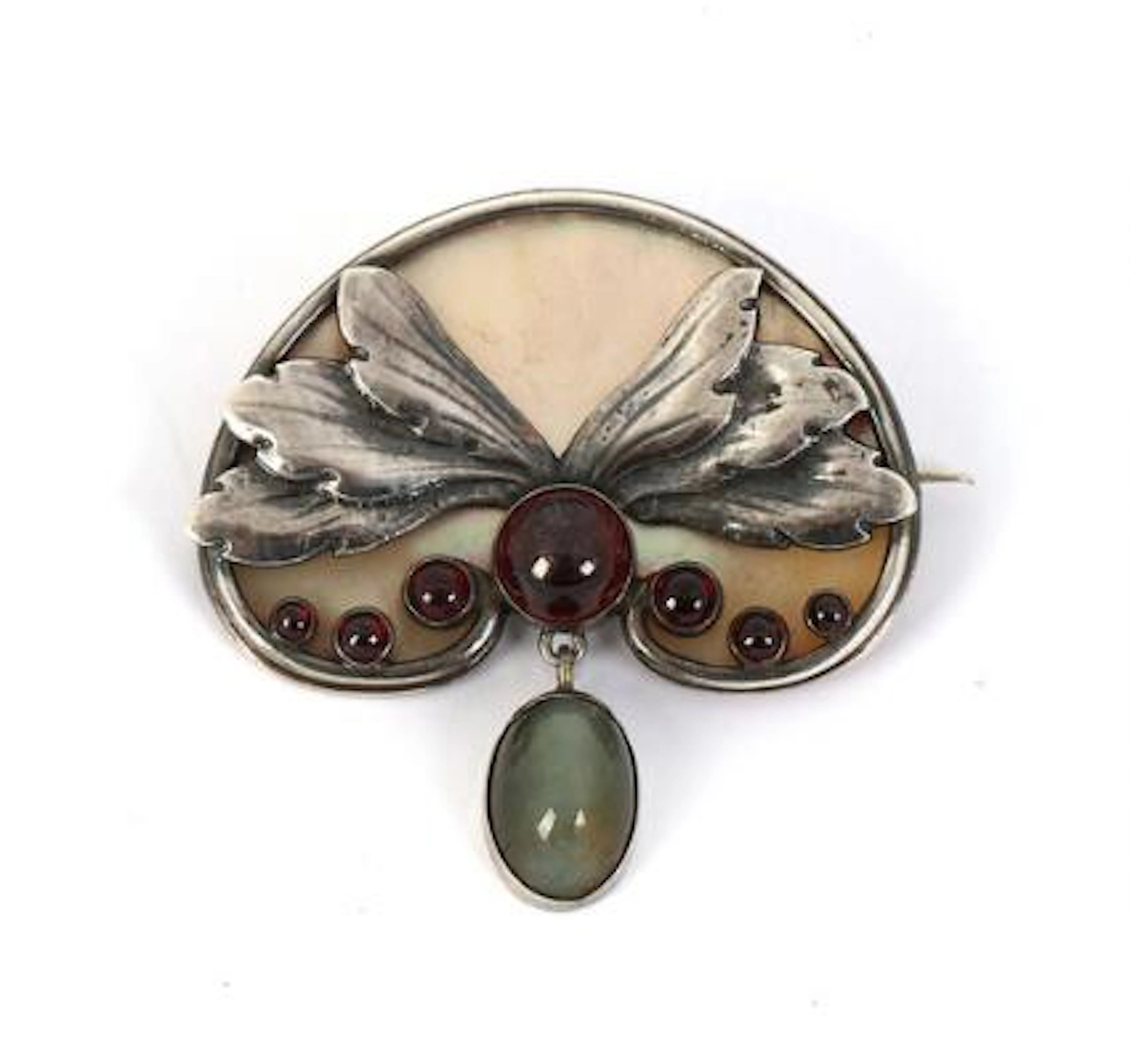 Mogens Ballin: A garnet brooch set with garnets, moonstone and mother-of-pearl