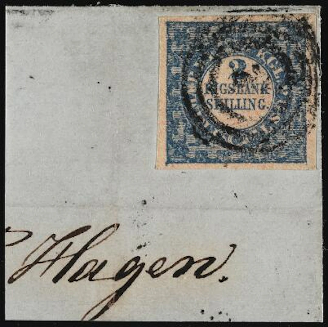 1852. 2 Rigsbankskilling, blue. Thiele. Plate II, no.10. Type 2 with