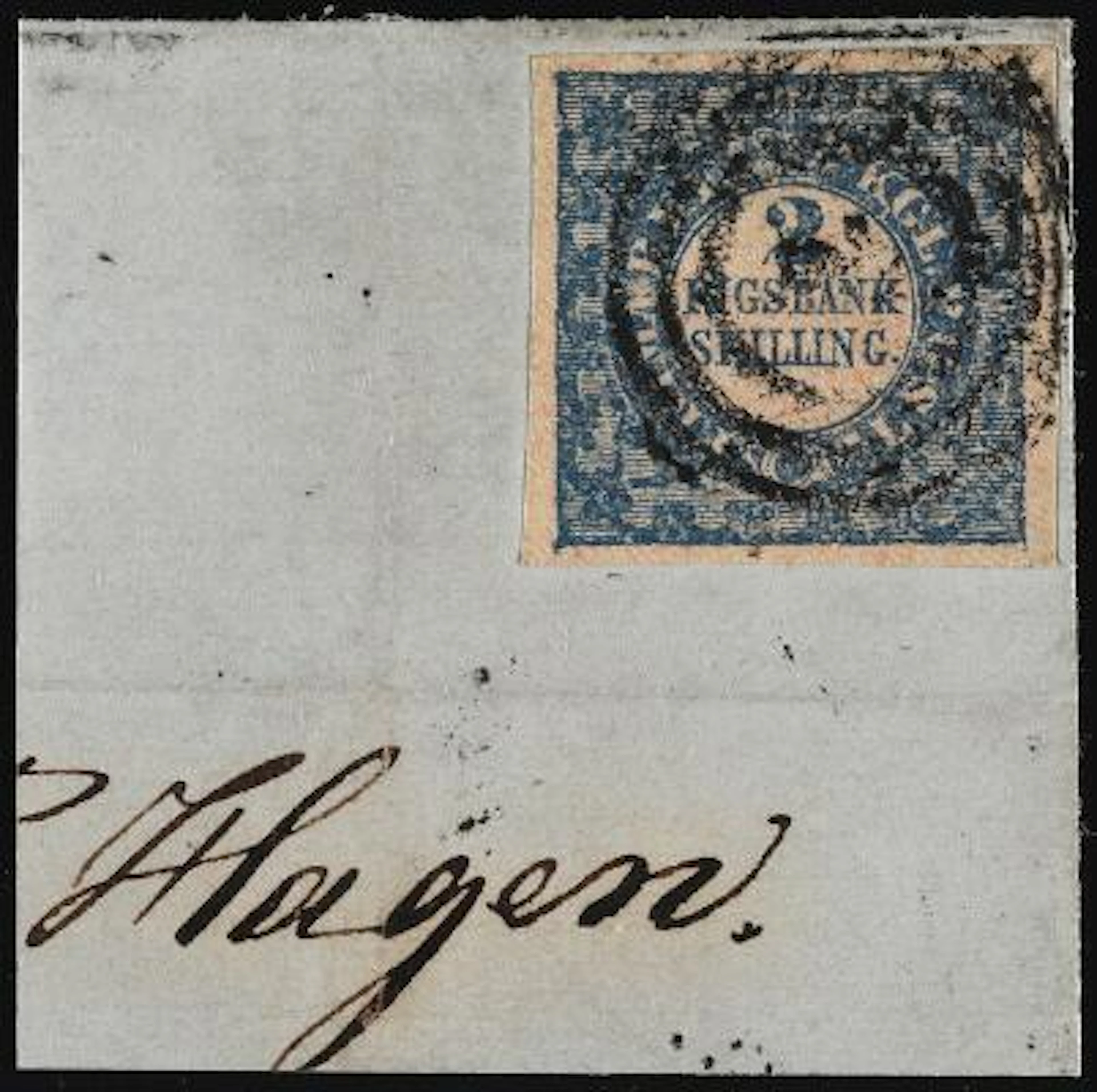 1852. 2 Rigsbankskilling, blue. Thiele. Plate II, no.10. Type 2 with