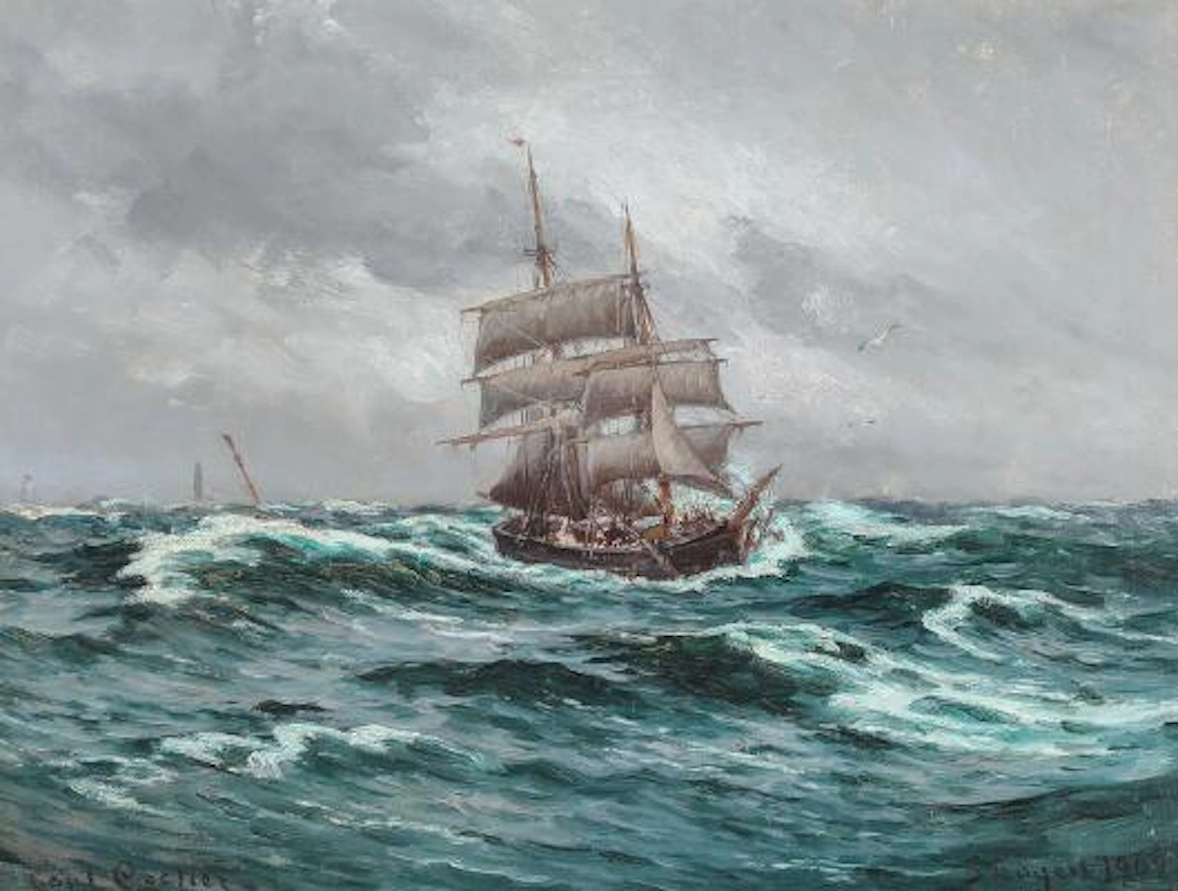 Carl Locher: Seascape with sailing ships at sea. Signed and dated