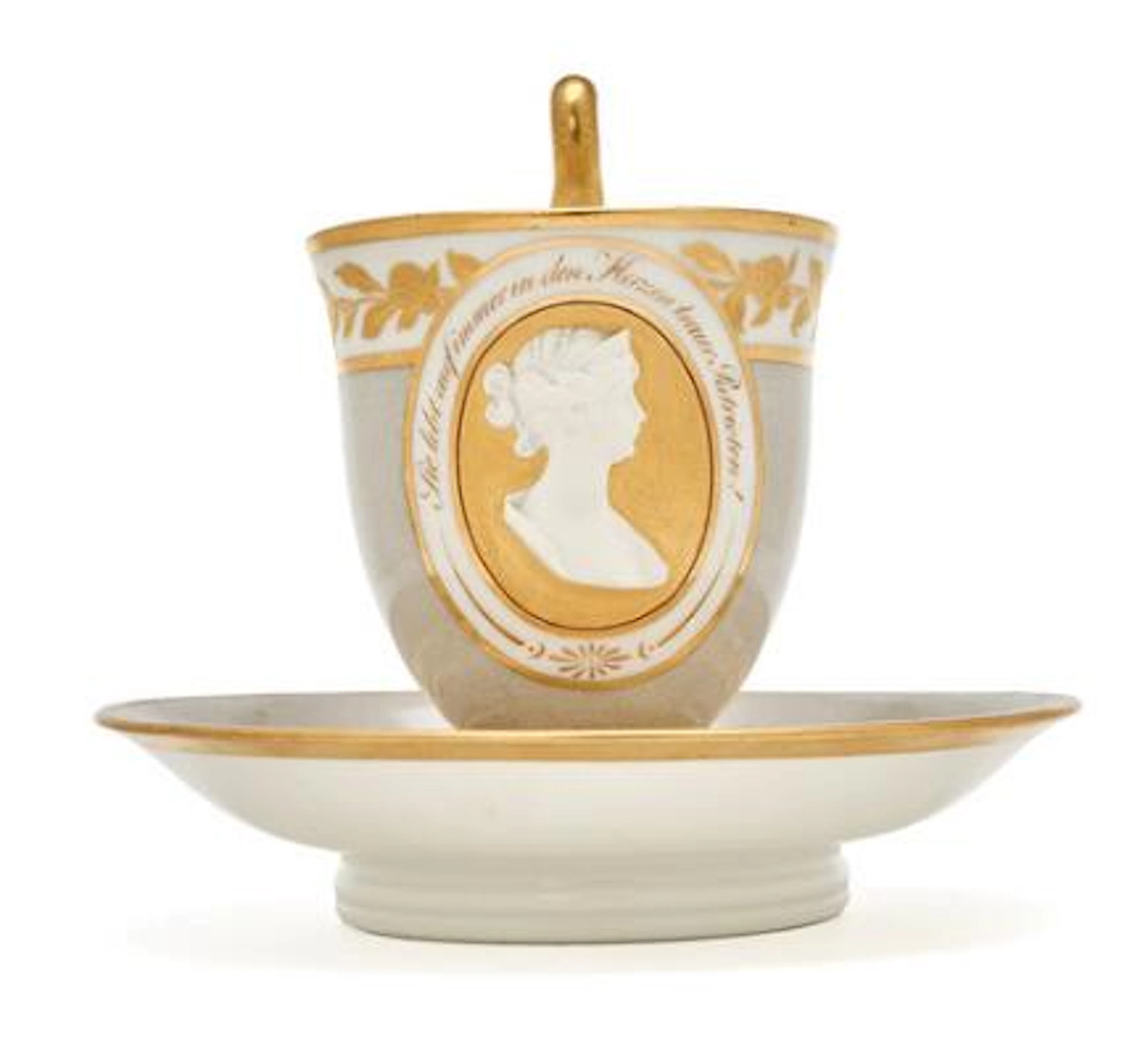 An Empire cup and saucer, with portrait of Queen Louise of Prussia.