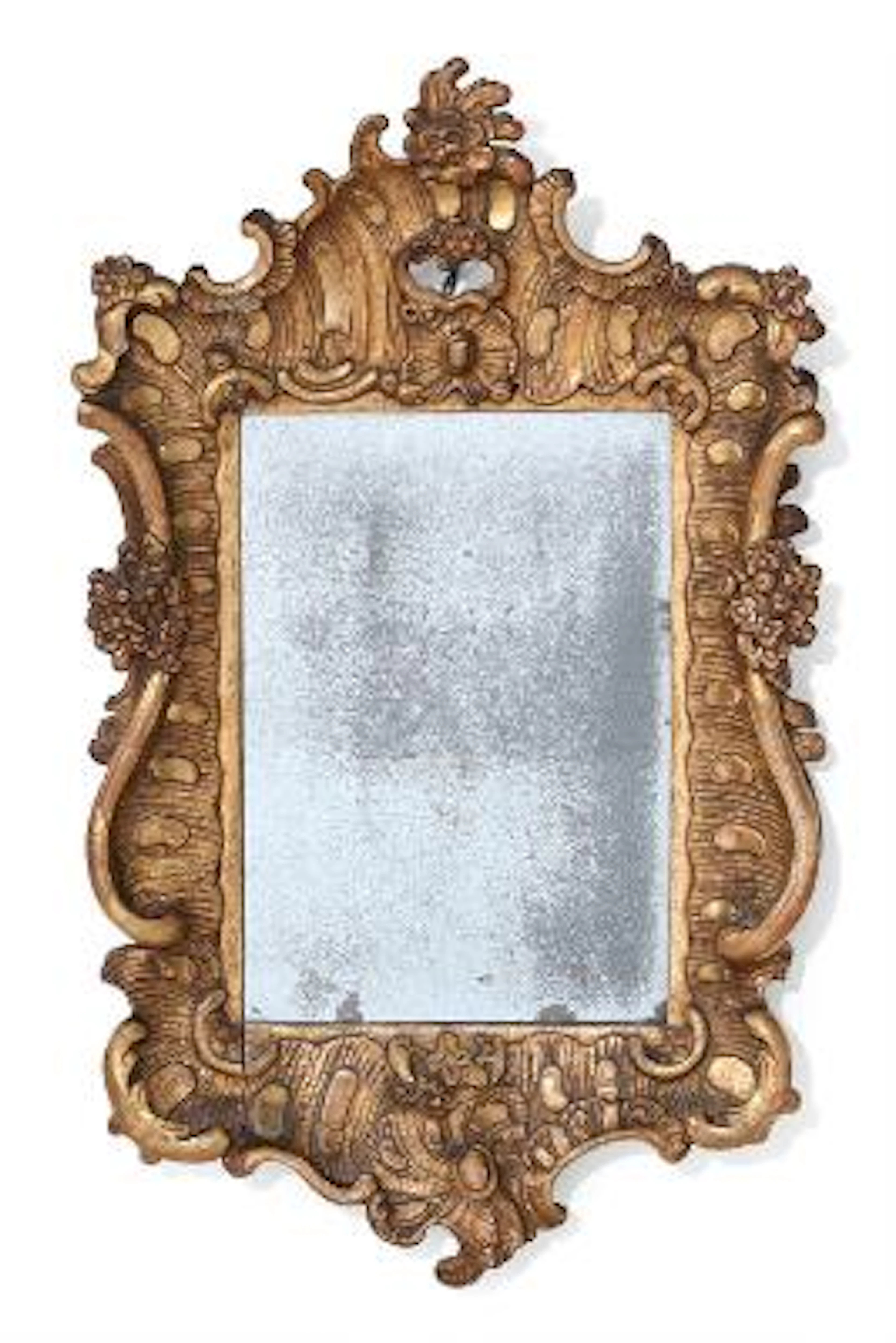 A small Rococo giltwood mirror, carved with scrollwork, combings and