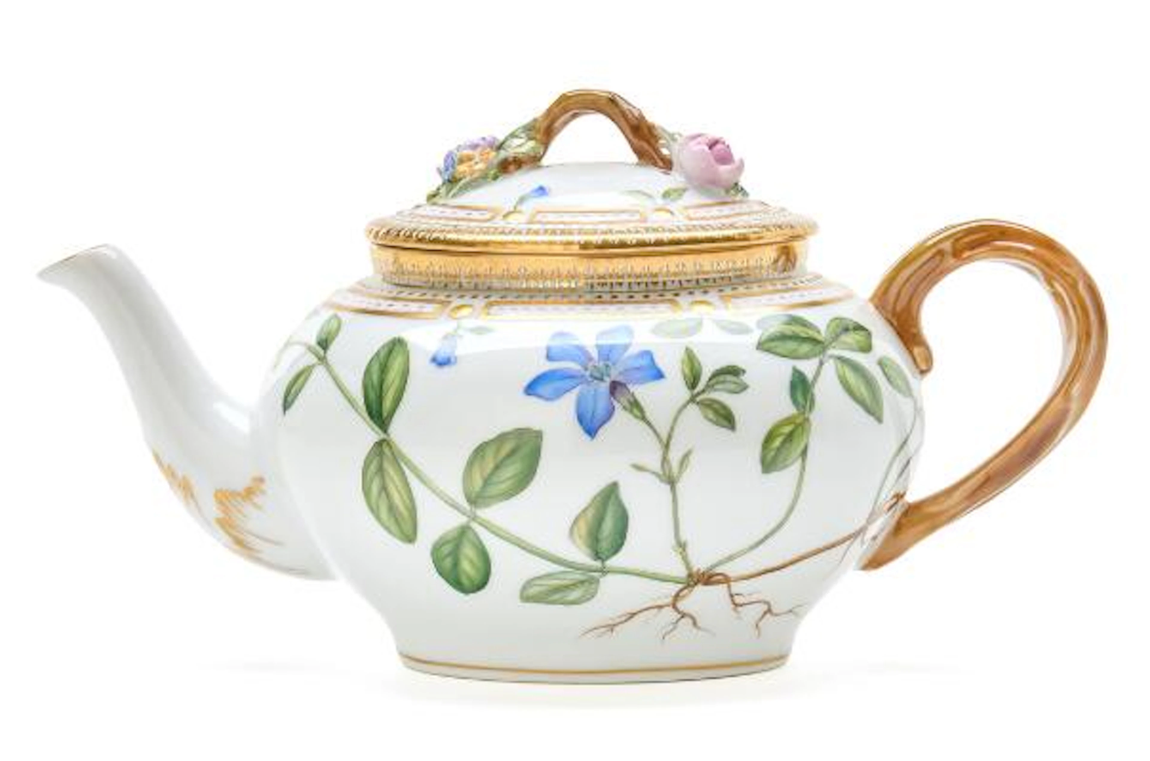 "Flora Danica" porcelain teapot, decorated in colours and gold. 143.
