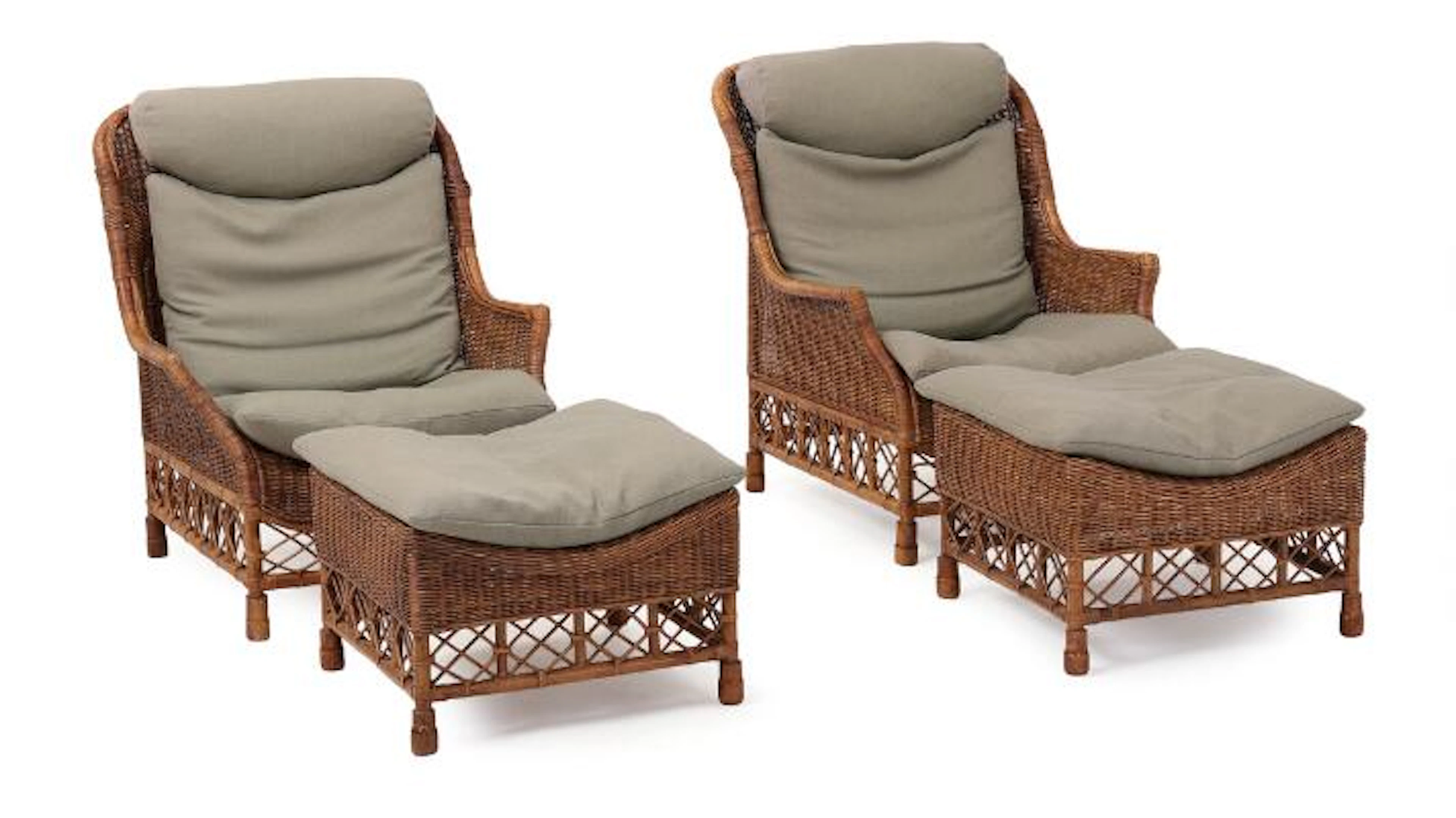 Søren Lund: A pair of rattan armchairs including footstools. Upholstered