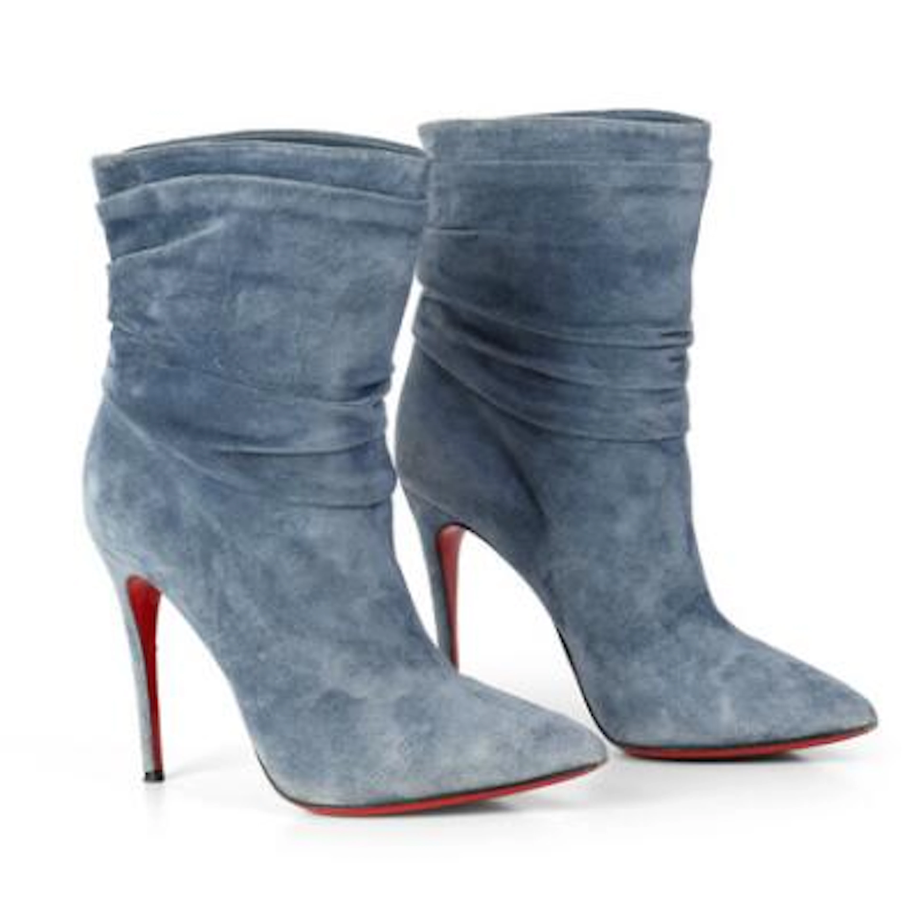 Christian Louboutin: A pair of blue suede ankle boots with a draped