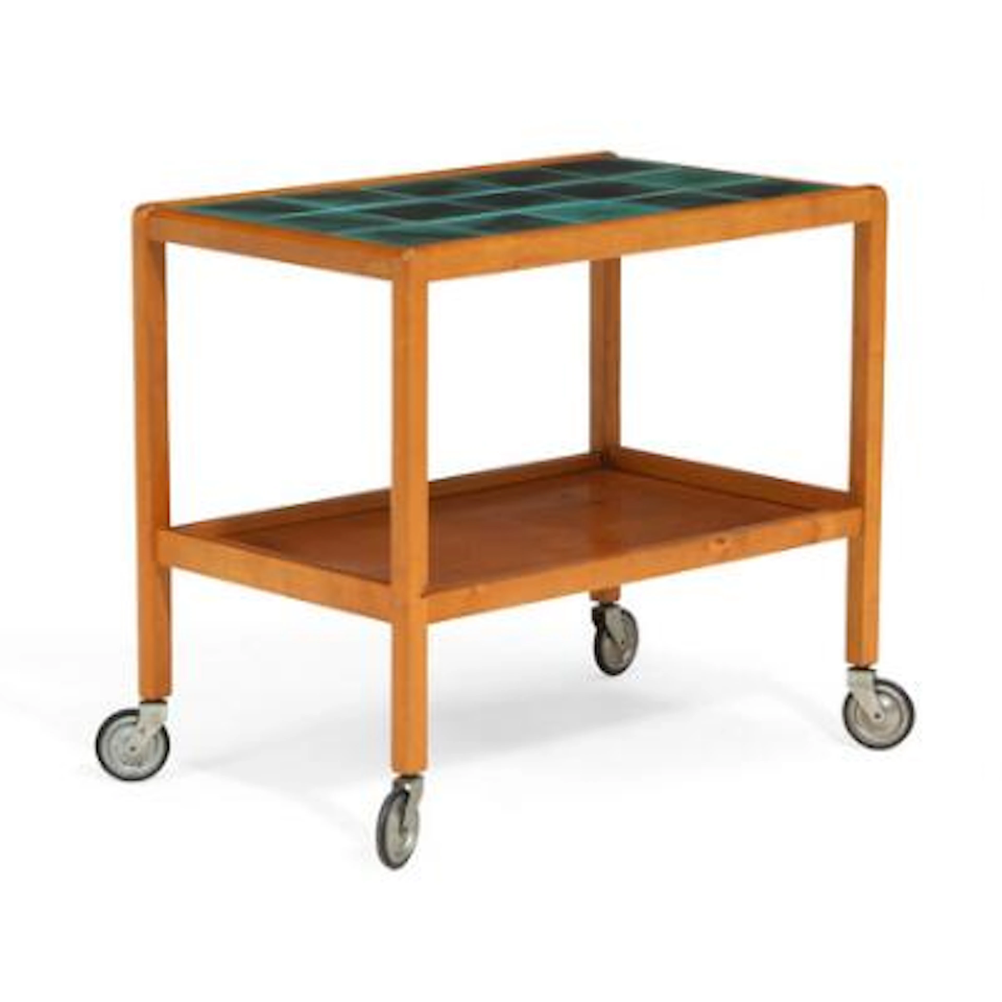 Funkis: Birch serving trolley with green tiles. Manufactured 1930-1940s.
