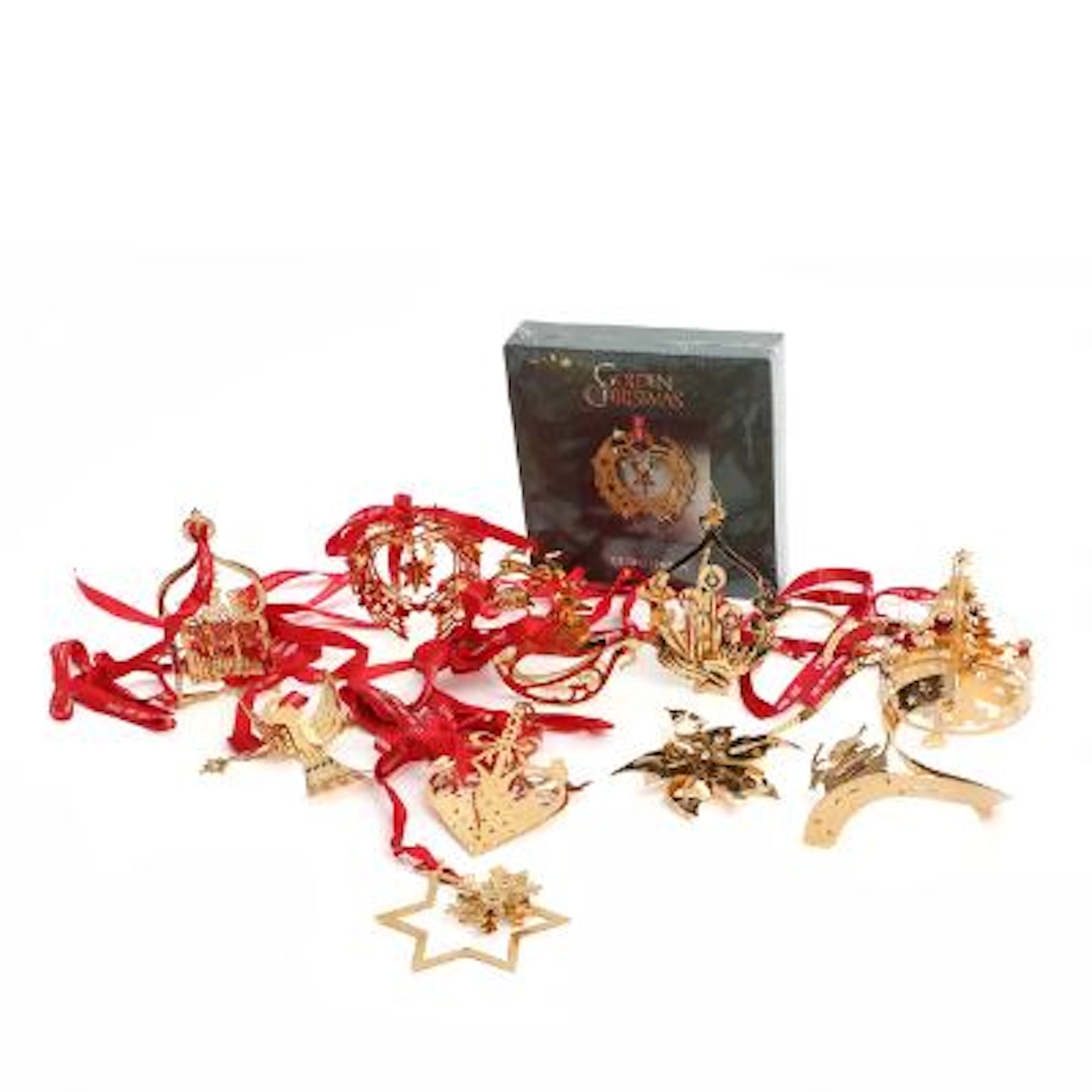 "Golden Christmas". A collection of gilt metal Christmas ornaments.