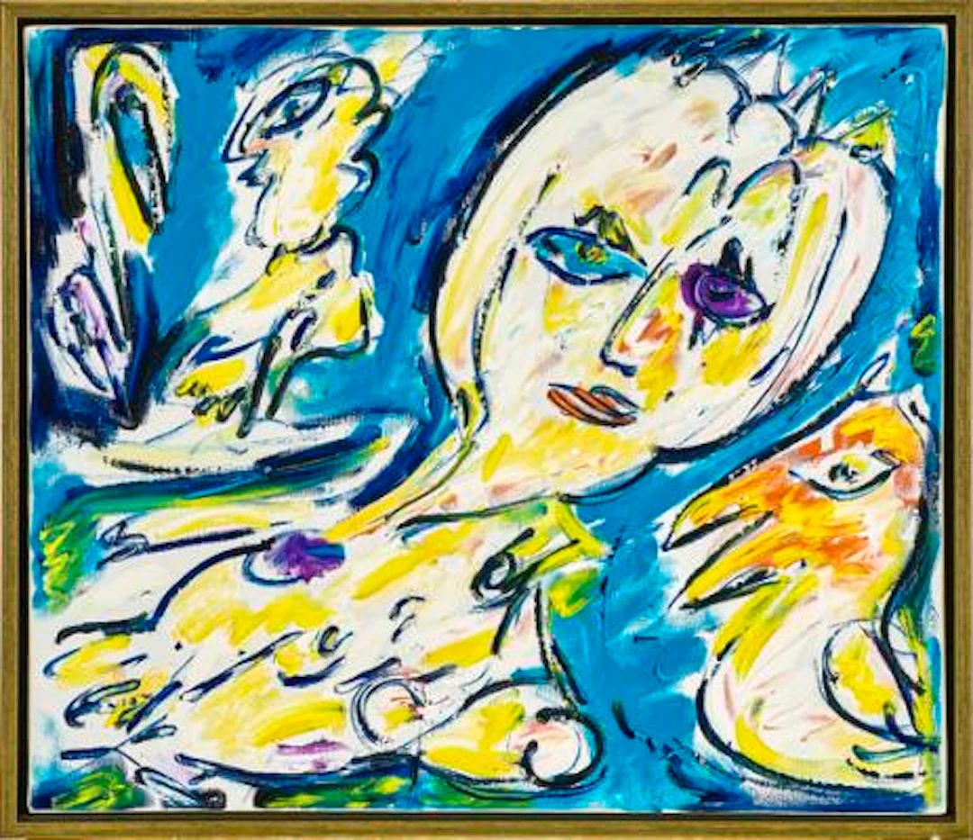 Carl-Henning Pedersen: "Hvilende dame og fugl", Molesmes 1987. Signed