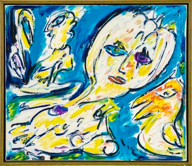 Carl-Henning Pedersen: "Hvilende dame og fugl", Molesmes 1987. Signed