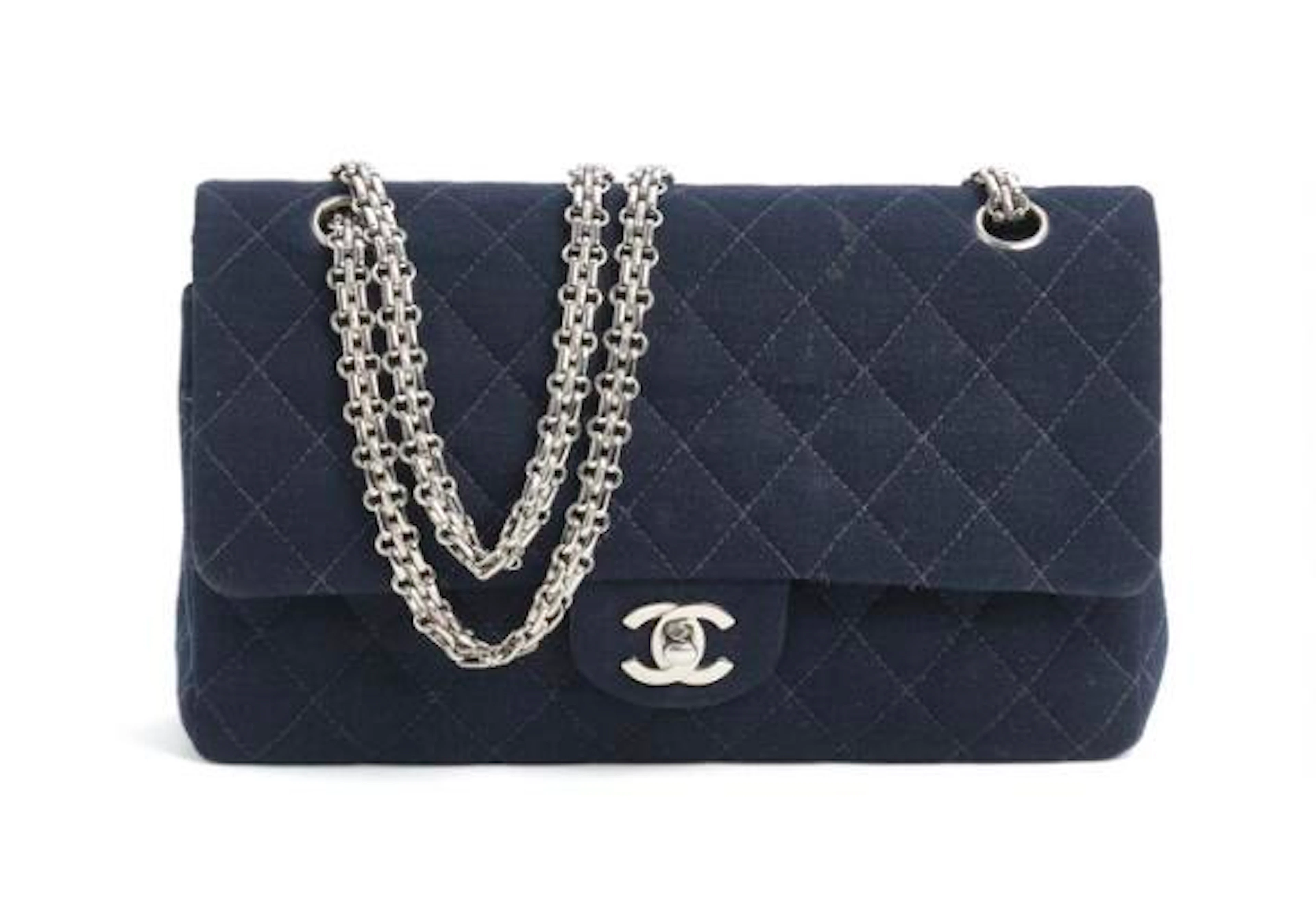 Chanel: A "Classic Double Flap" bag of dark blue quilted fabric with