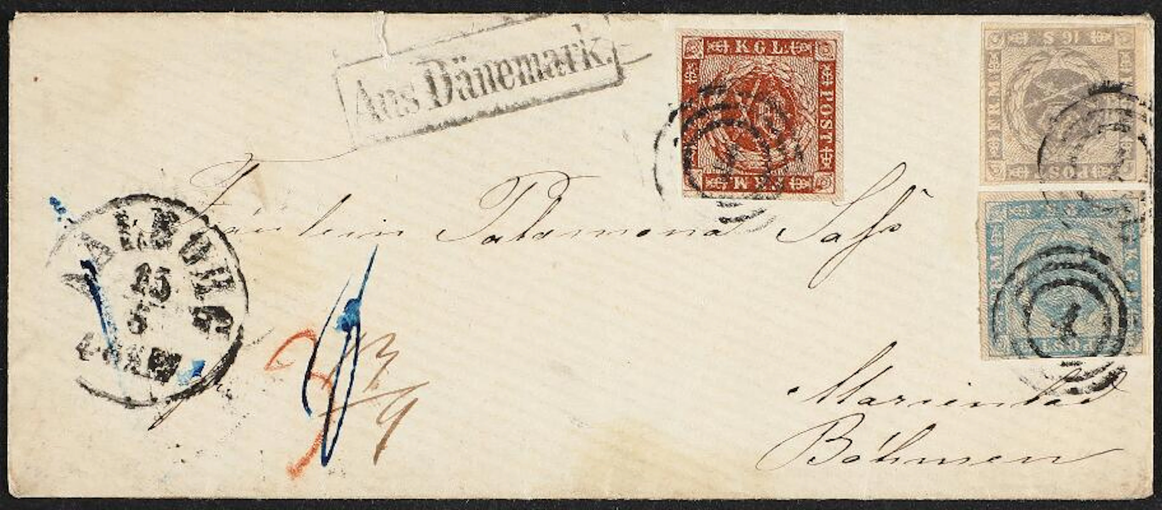 1854. 2 sk. blue, 16 sk. grey-purple and 4 sk. brown (1858). 22 skilling