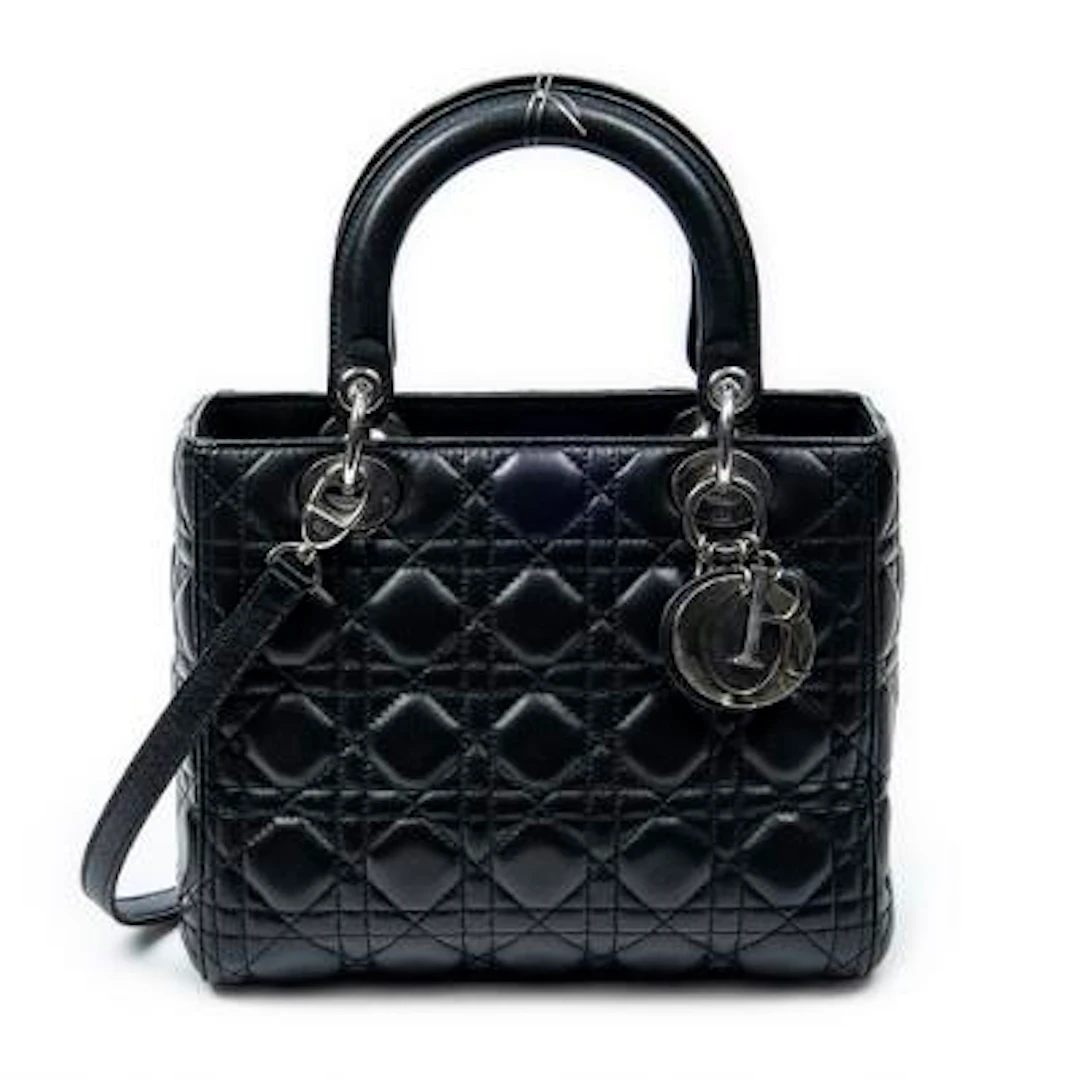 Christian Dior: "Medium Lady Dior" bag in black cannage leather with