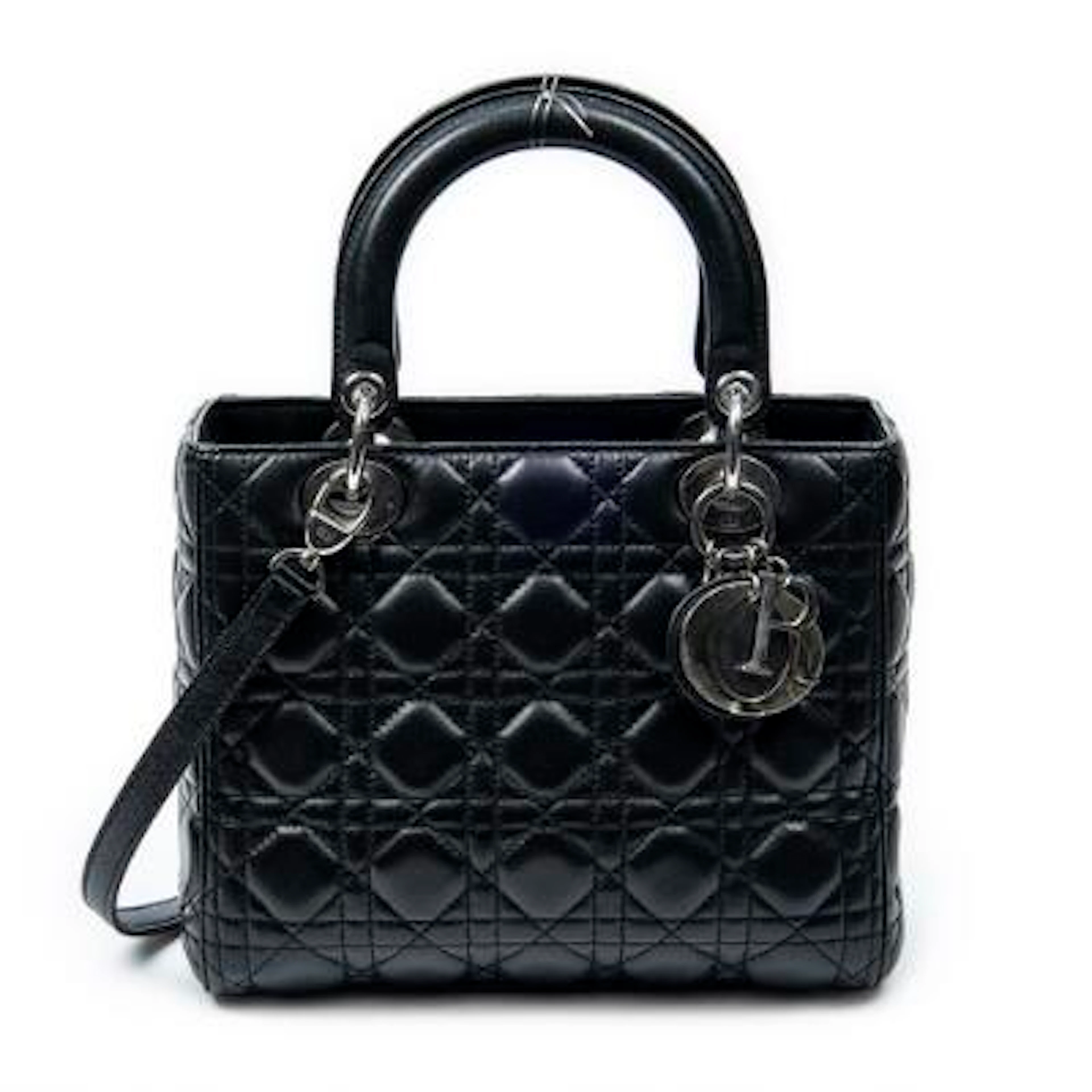 Christian Dior: "Medium Lady Dior" bag in black cannage leather with