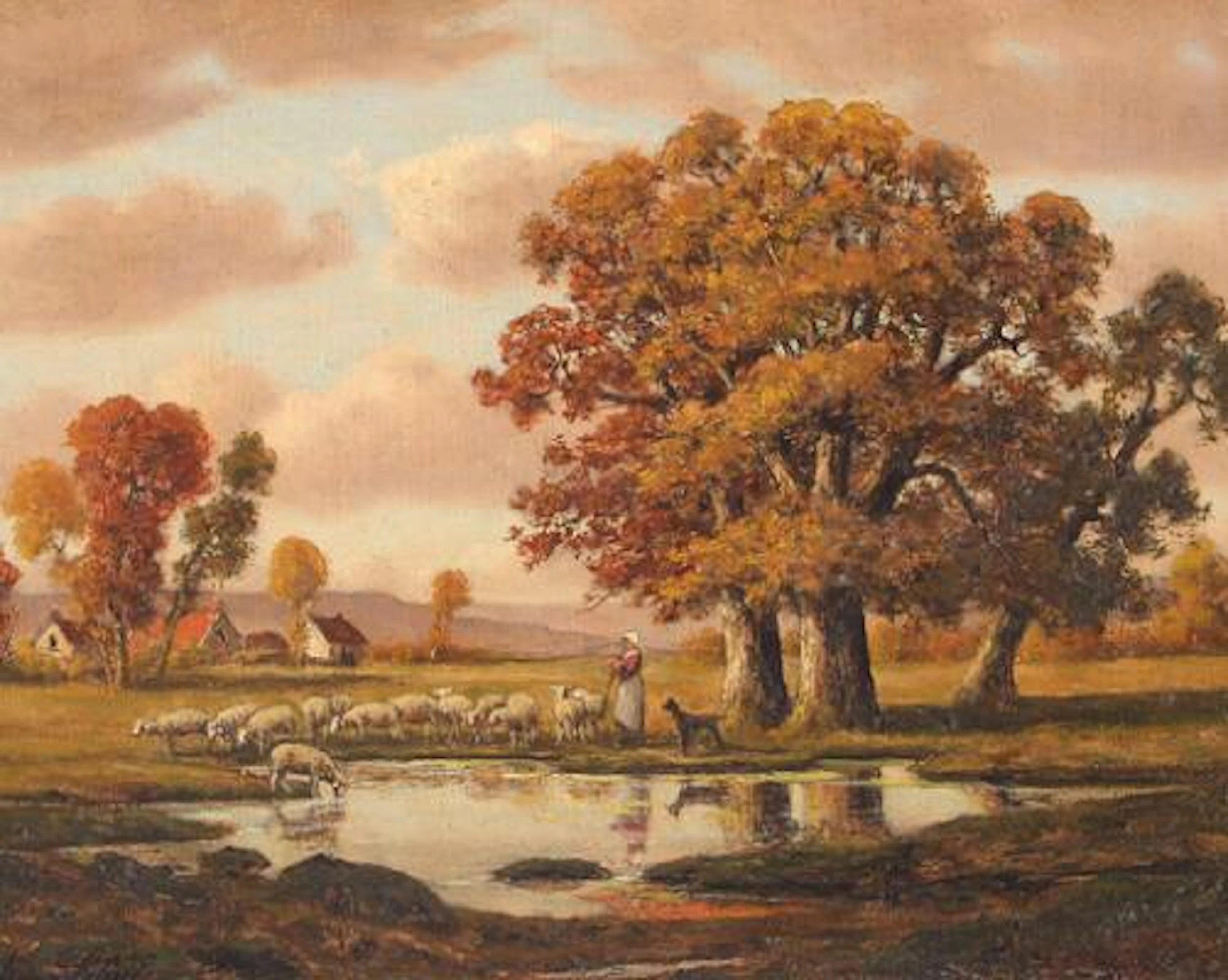 Adrien Schulz: Ladscape from Barbizon with shepard. Signed Adrien