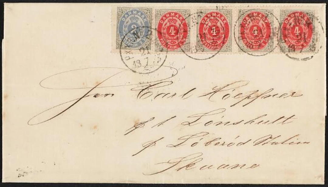 1870. 2 sk. grey/blue and strip of 4 og 4 sk. grey/red. Totally 18