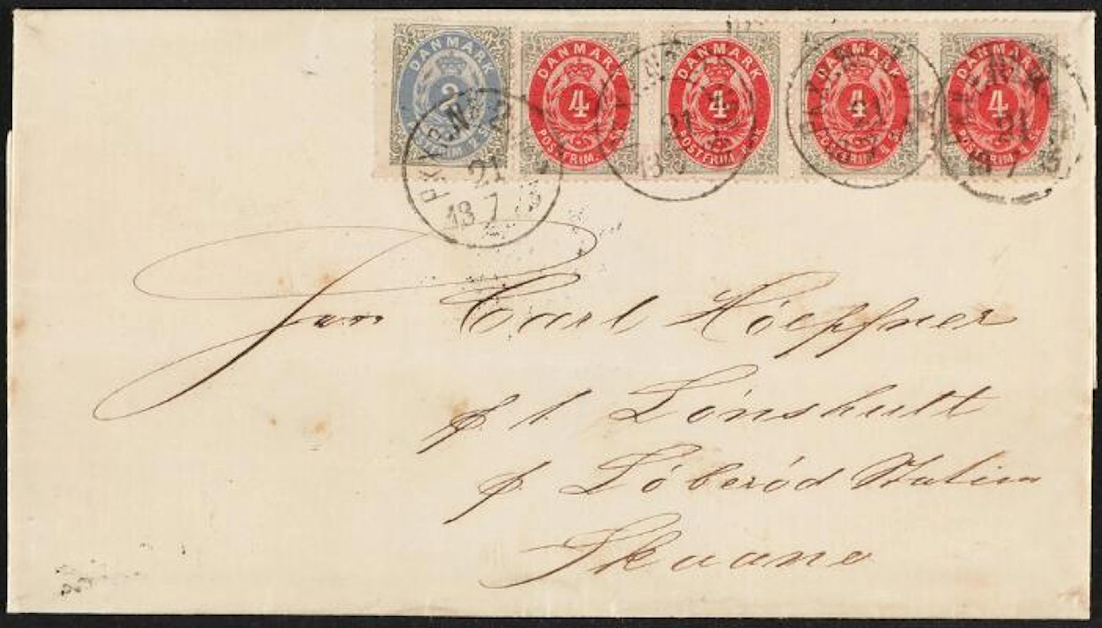 1870. 2 sk. grey/blue and strip of 4 og 4 sk. grey/red. Totally 18