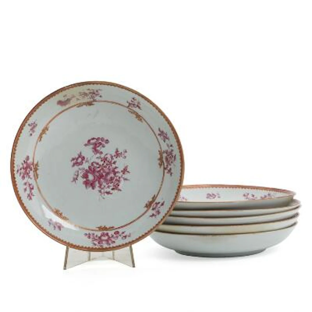 Six deep Chinese Famille Rose porcelain plates. Qianlong 1736-1795.