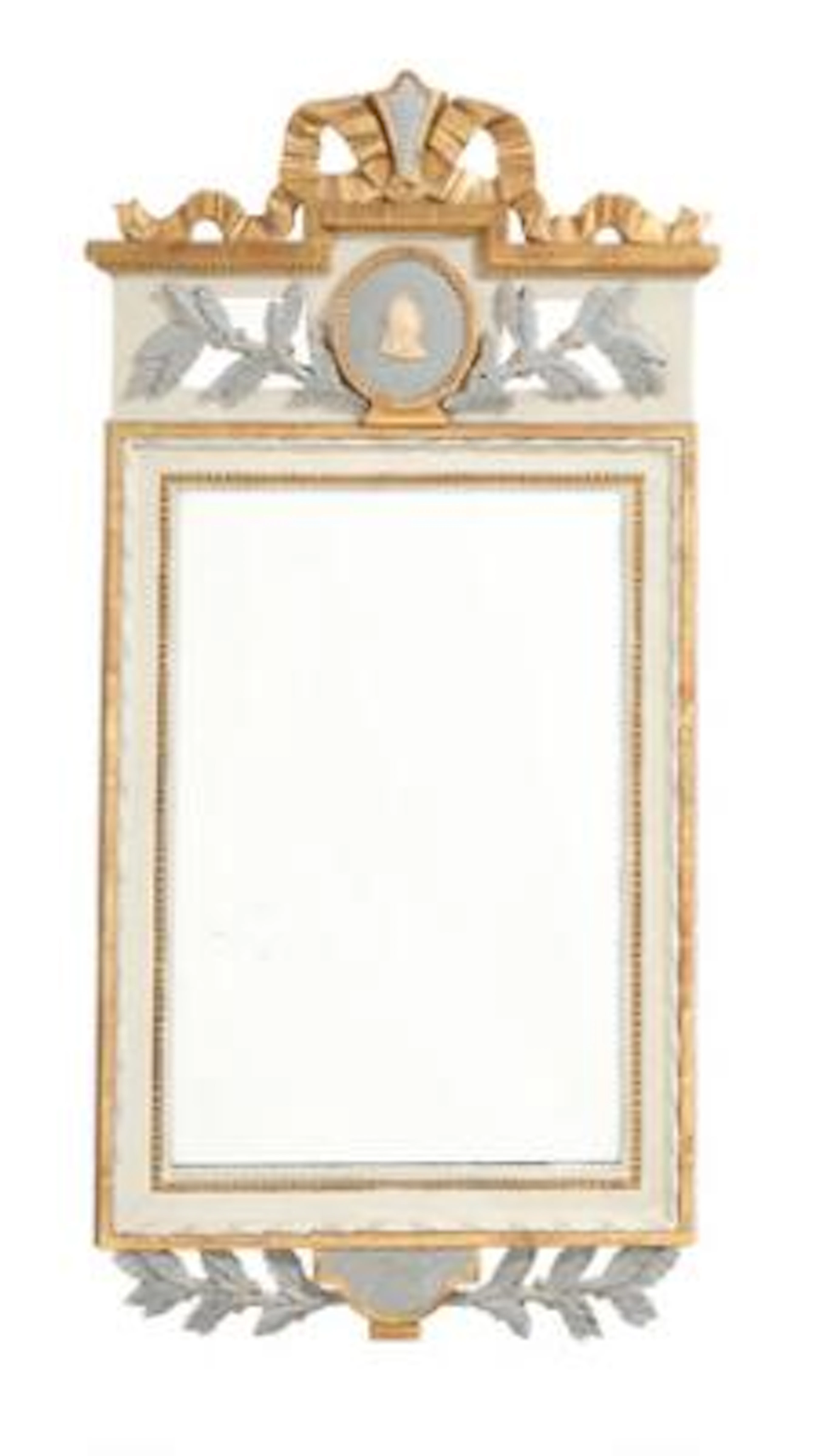 Swedish mirror in frame of partly gilded and grey-painted wood. Gustavian