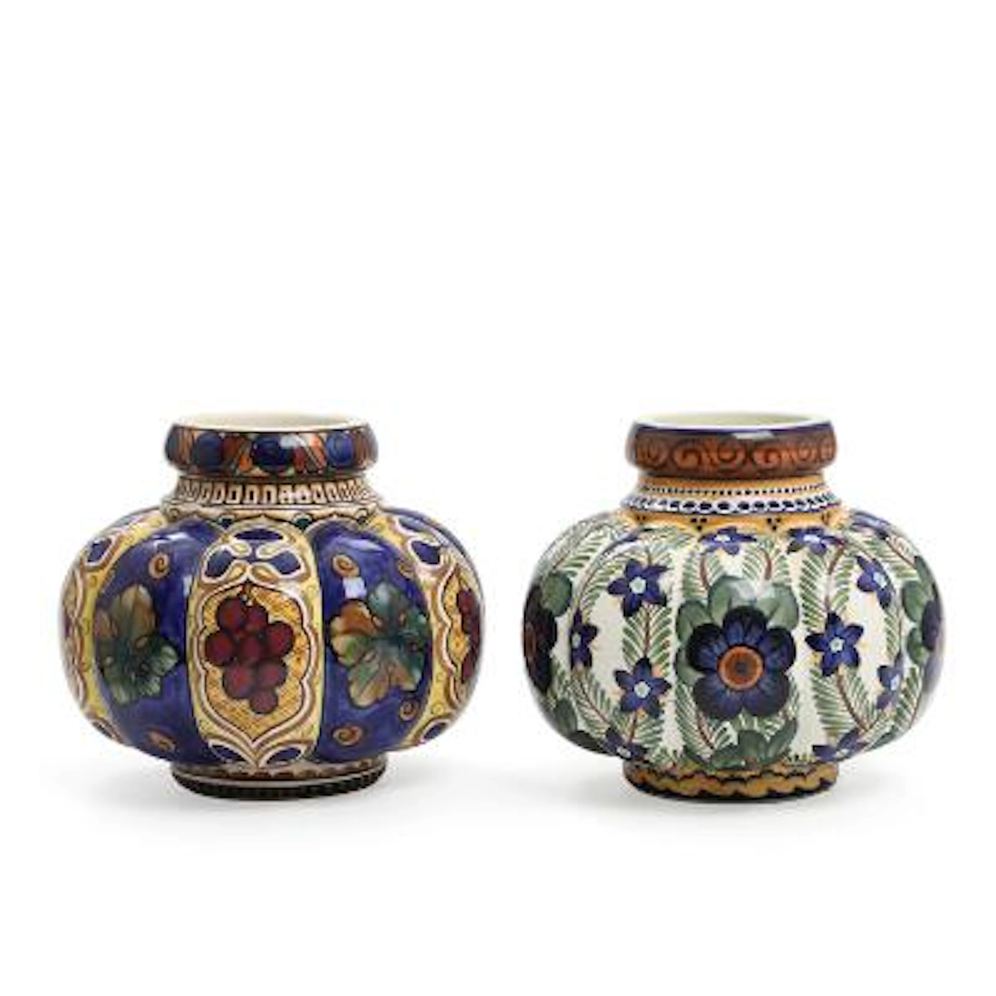 Harald Slott-Møller: Two pumpkin shaped faience vases, decorated in