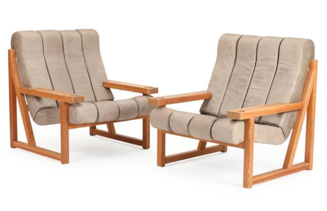 Vagn M. Fuglsang: A pair of siberian larch easy chairs, upholstered