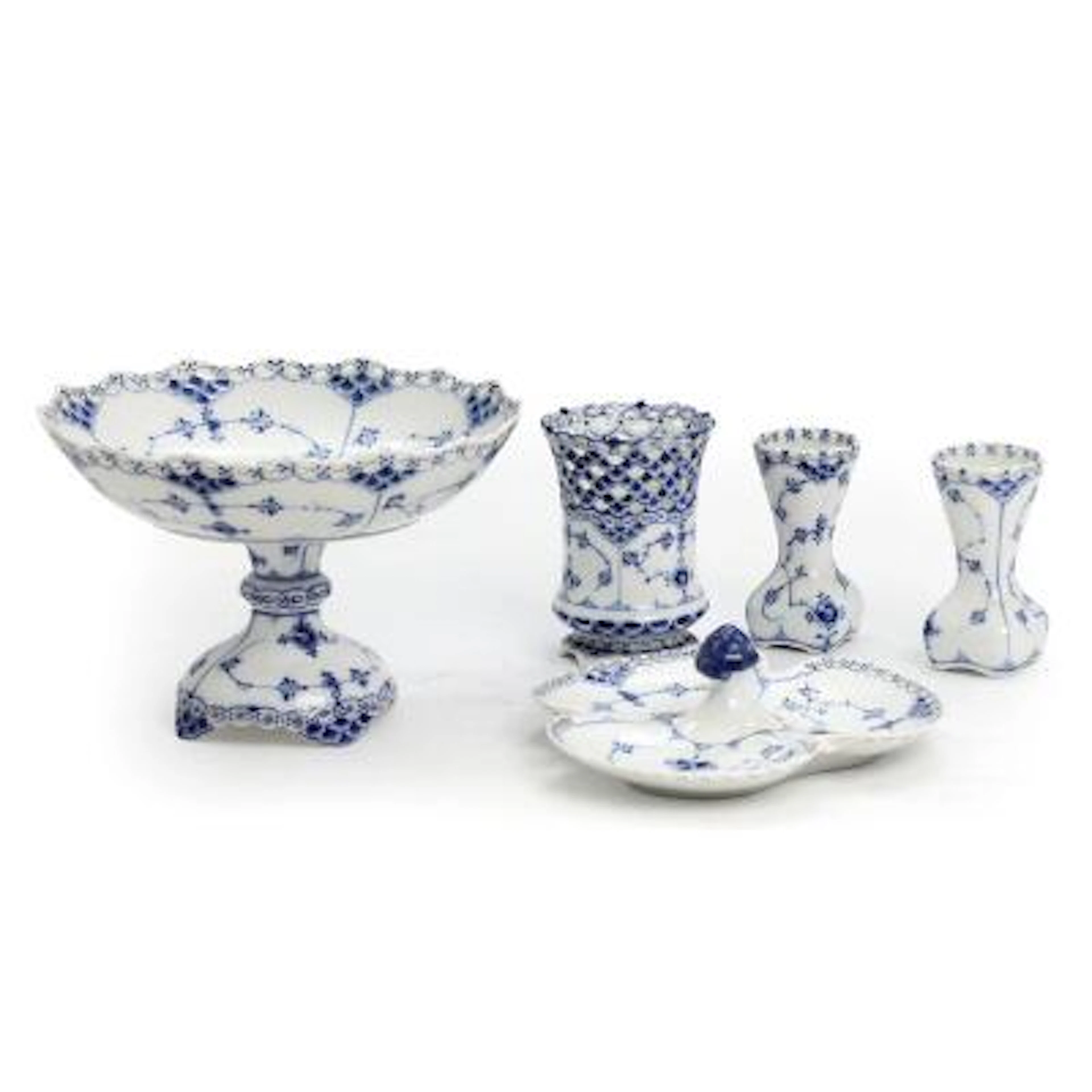 "Blue Fluted Full Lace". A selection of porcelain tableware, decorated