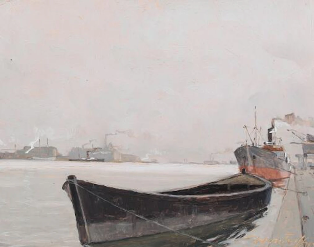 Victor Qvistorff: Harbour scene with a boat and ship at the quay.