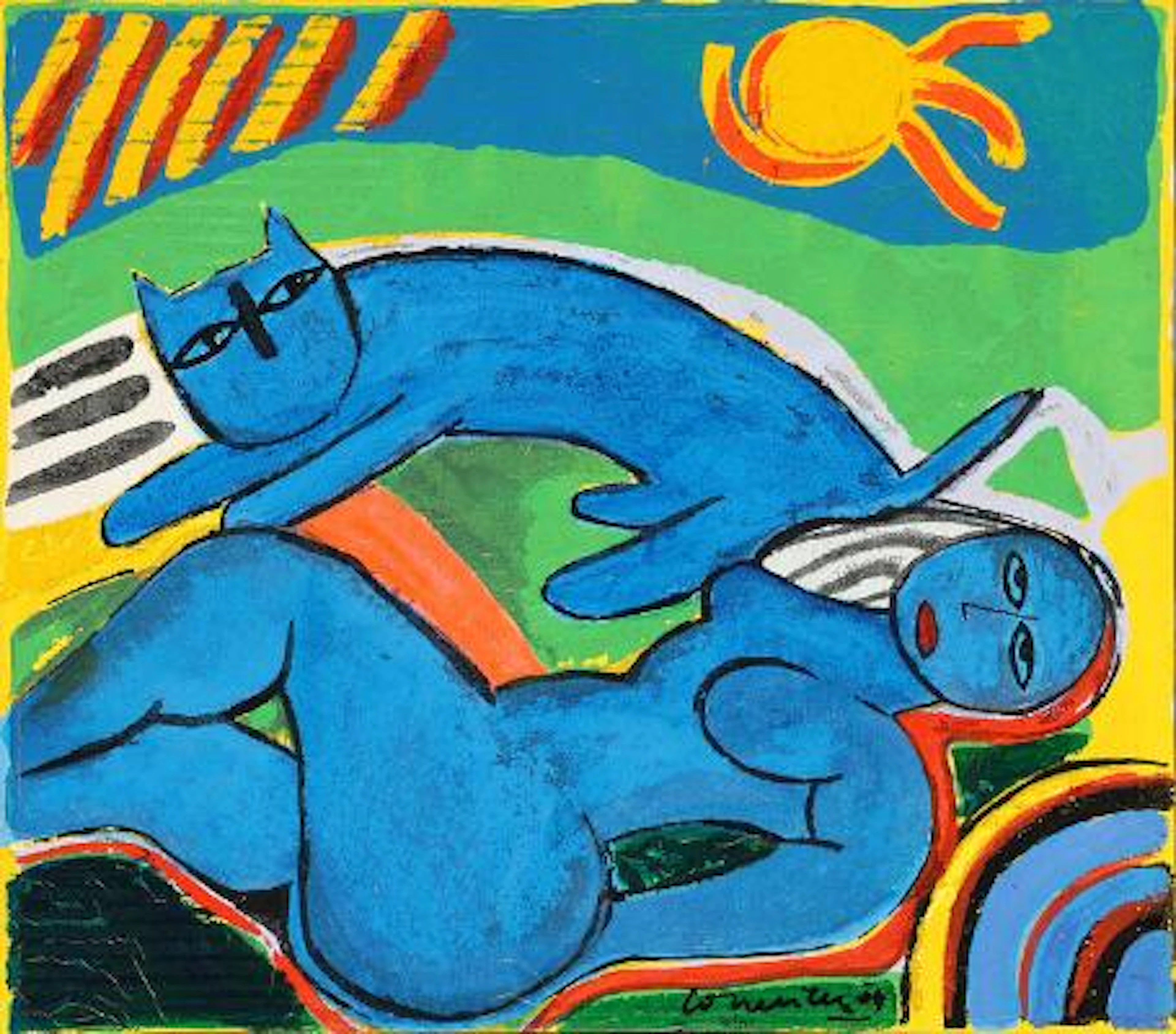 Corneille: Woman and cat. Signed Corneille 04, 40/120. Terragraph
