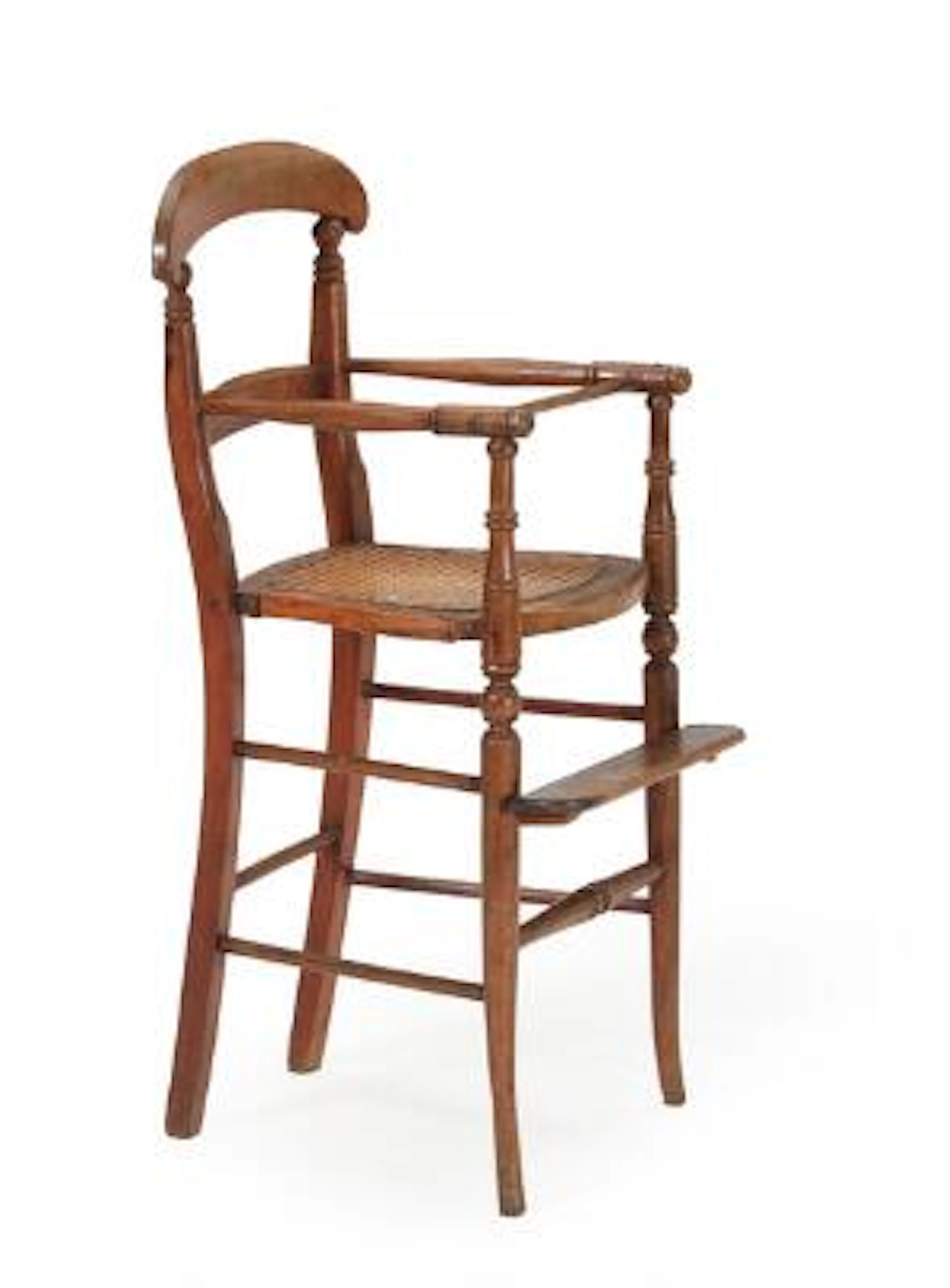 High children's chair in stained beech with French rattan woven seat.