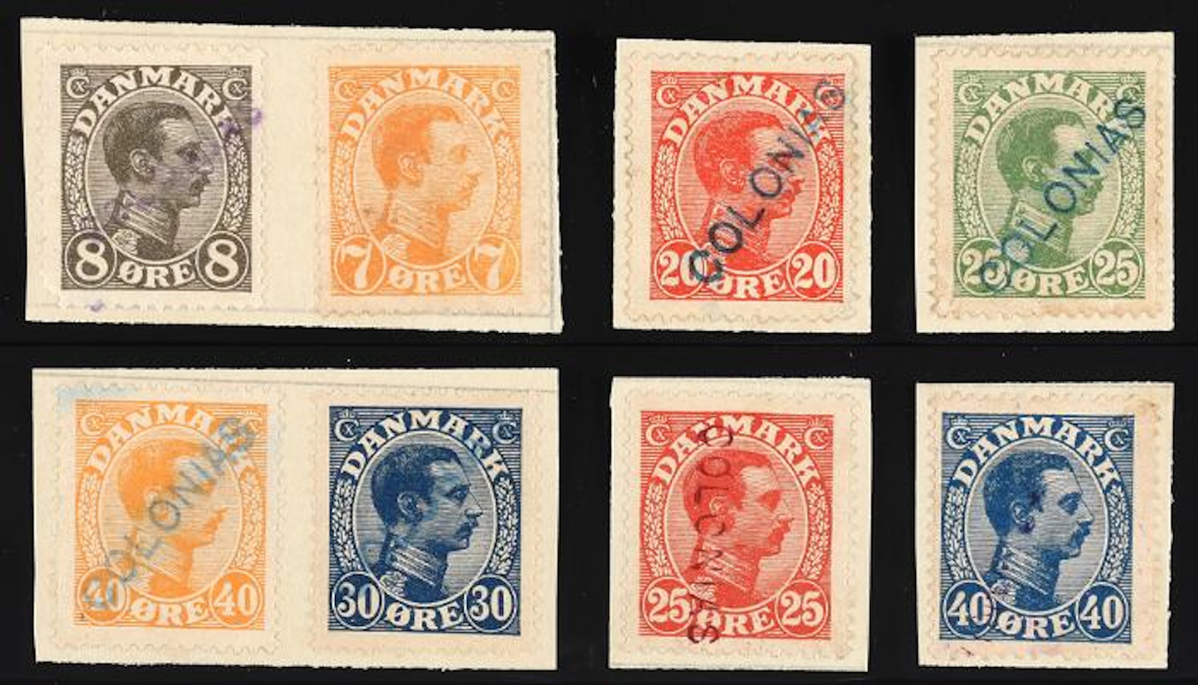 1918-1926. Christian X. 8 stamps with overprint COLONIAS. From reference