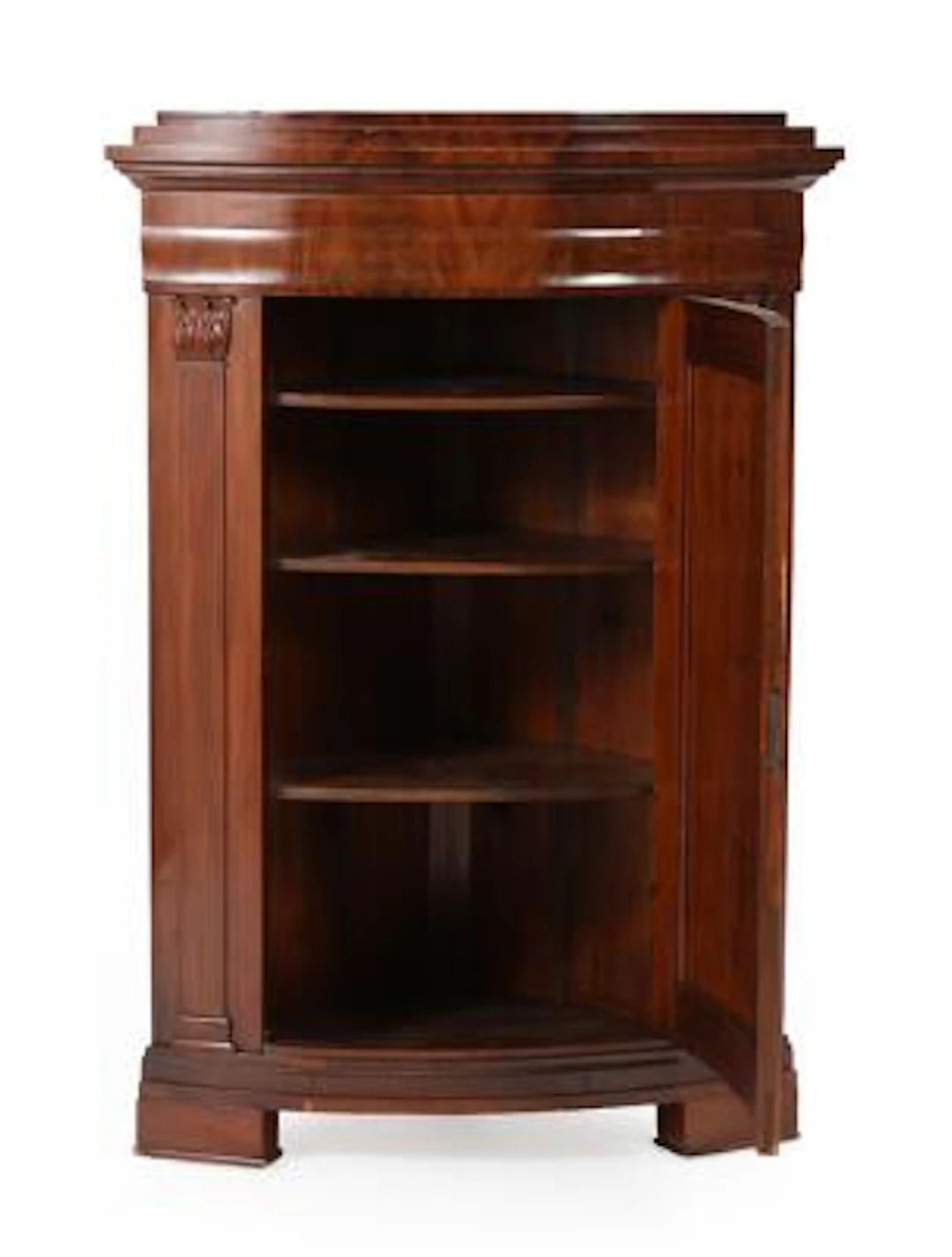Late Empire mahogany corner cabinet. Adorned with ornamental work