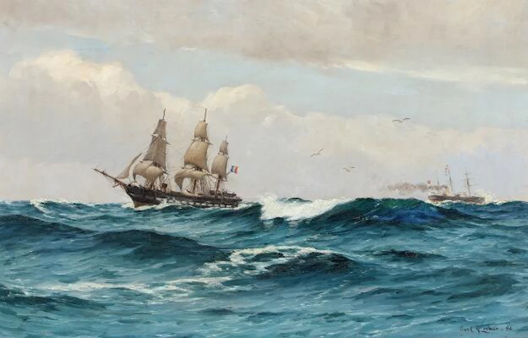 Carl Locher: French three-masted sailing ship and Danish steamship