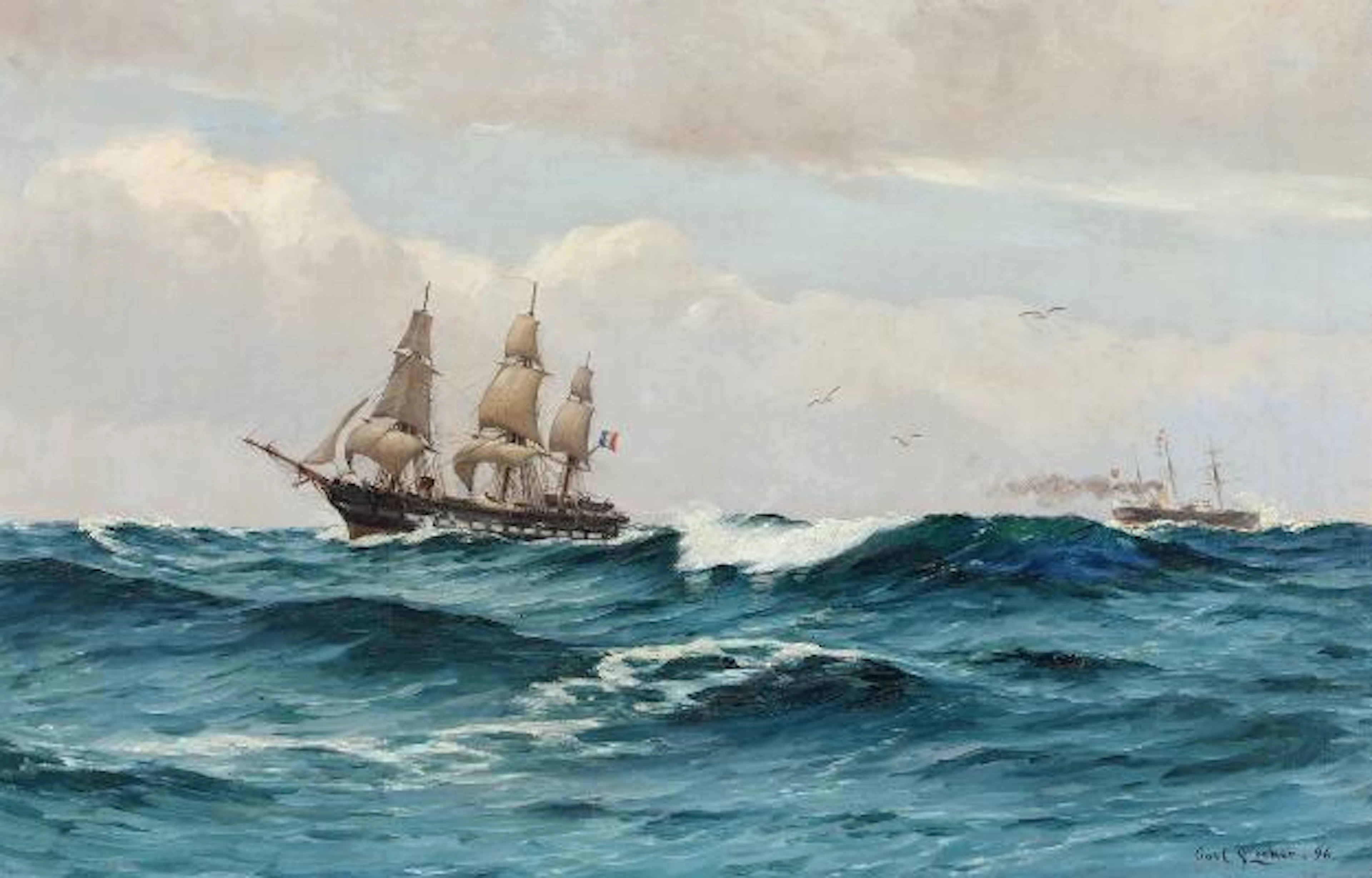 Carl Locher: French three-masted sailing ship and Danish steamship