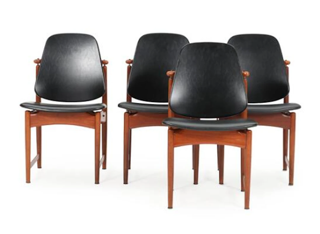 Arne Hovmand-Olsen: A set of four teak chairs. Seat and back upholstered