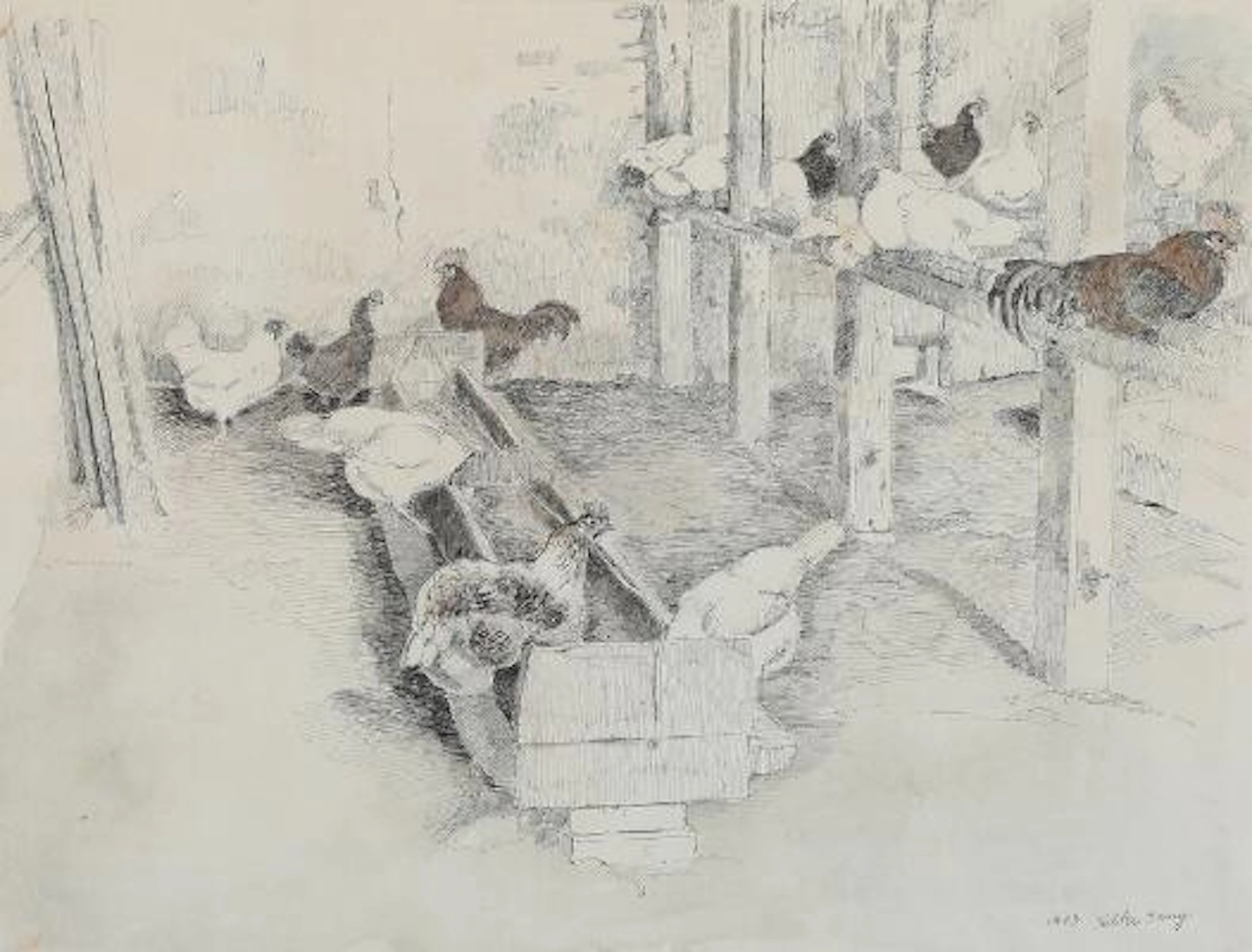 Falke Bang: Hen house. Signed Falke Bang 1943. Pen and watercolour