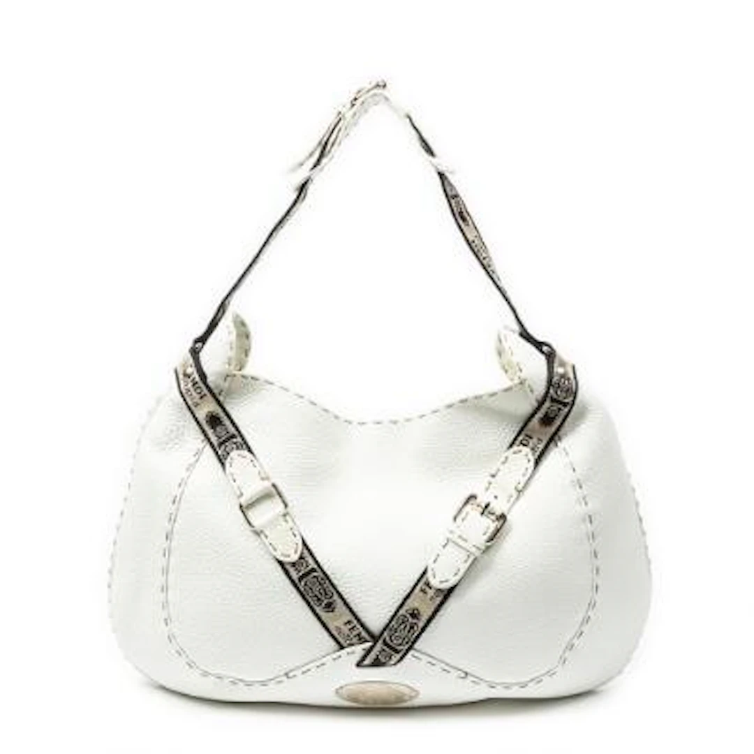 Fendi: A "Selleria Crisscross Hobo" bag in white leather with beige/black