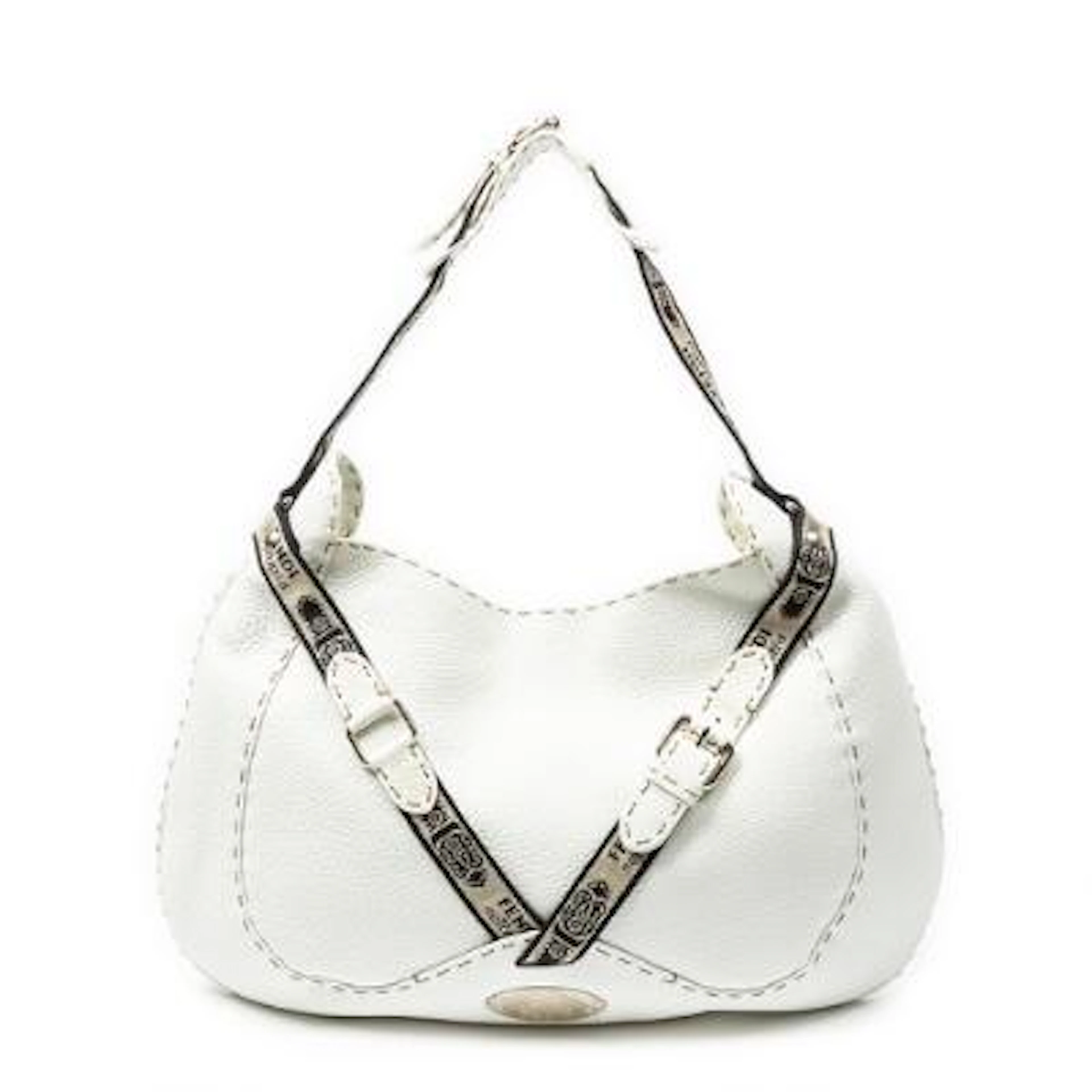 Fendi: A "Selleria Crisscross Hobo" bag in white leather with beige/black