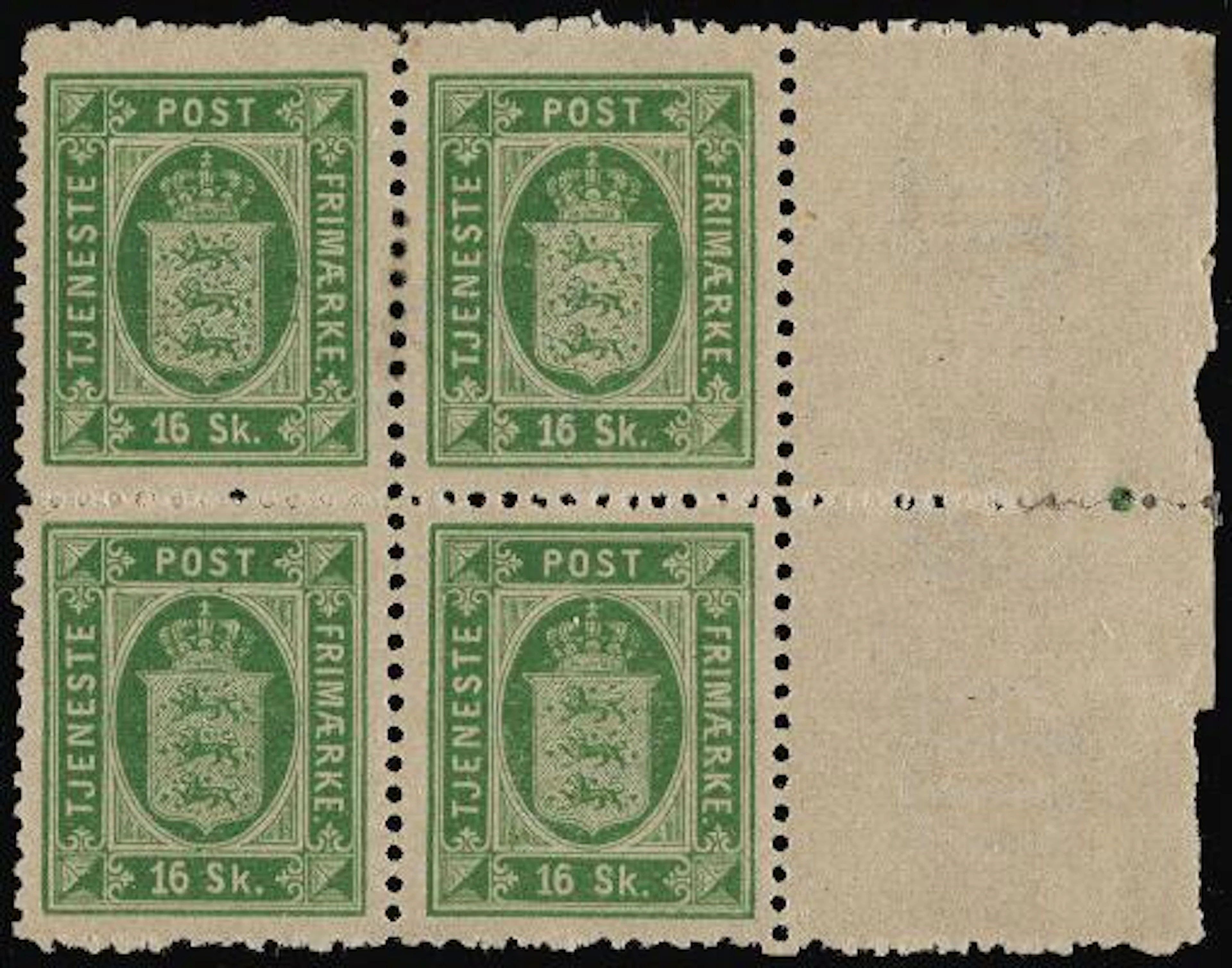 1871. 16 sk. green, perf. 12 1/2. Beautiful BLOCK OF 4 with full right