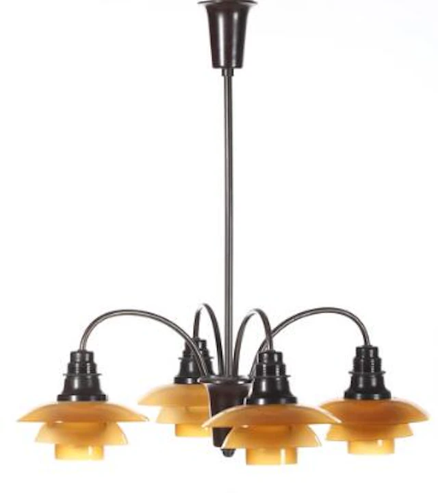 Poul Henningsen: "Cascade". A brass chandelier with 2/2 amber coloured