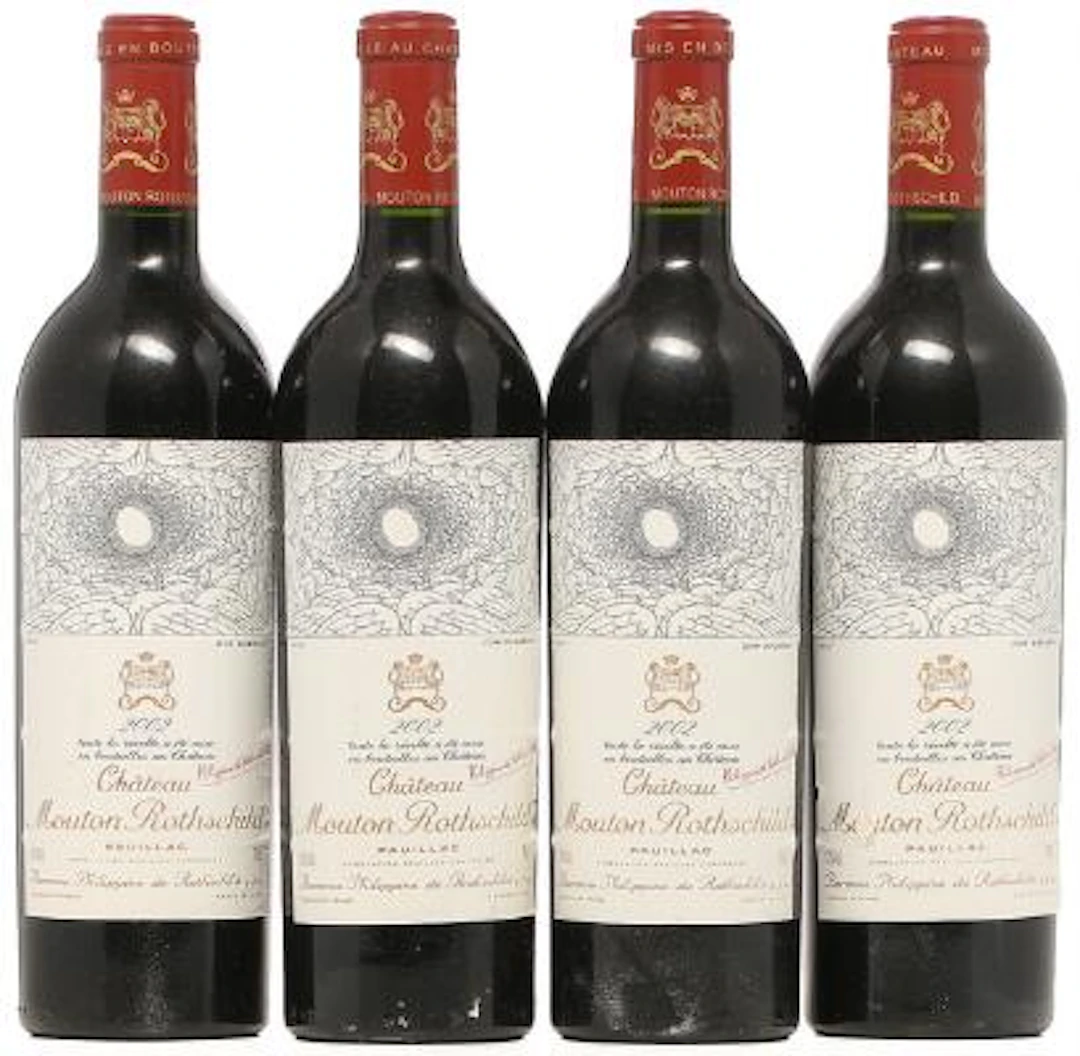 4 bts. Château Mouton Rothschild, Pauillac. 1. Cru Classé 2002 A (hf/in).