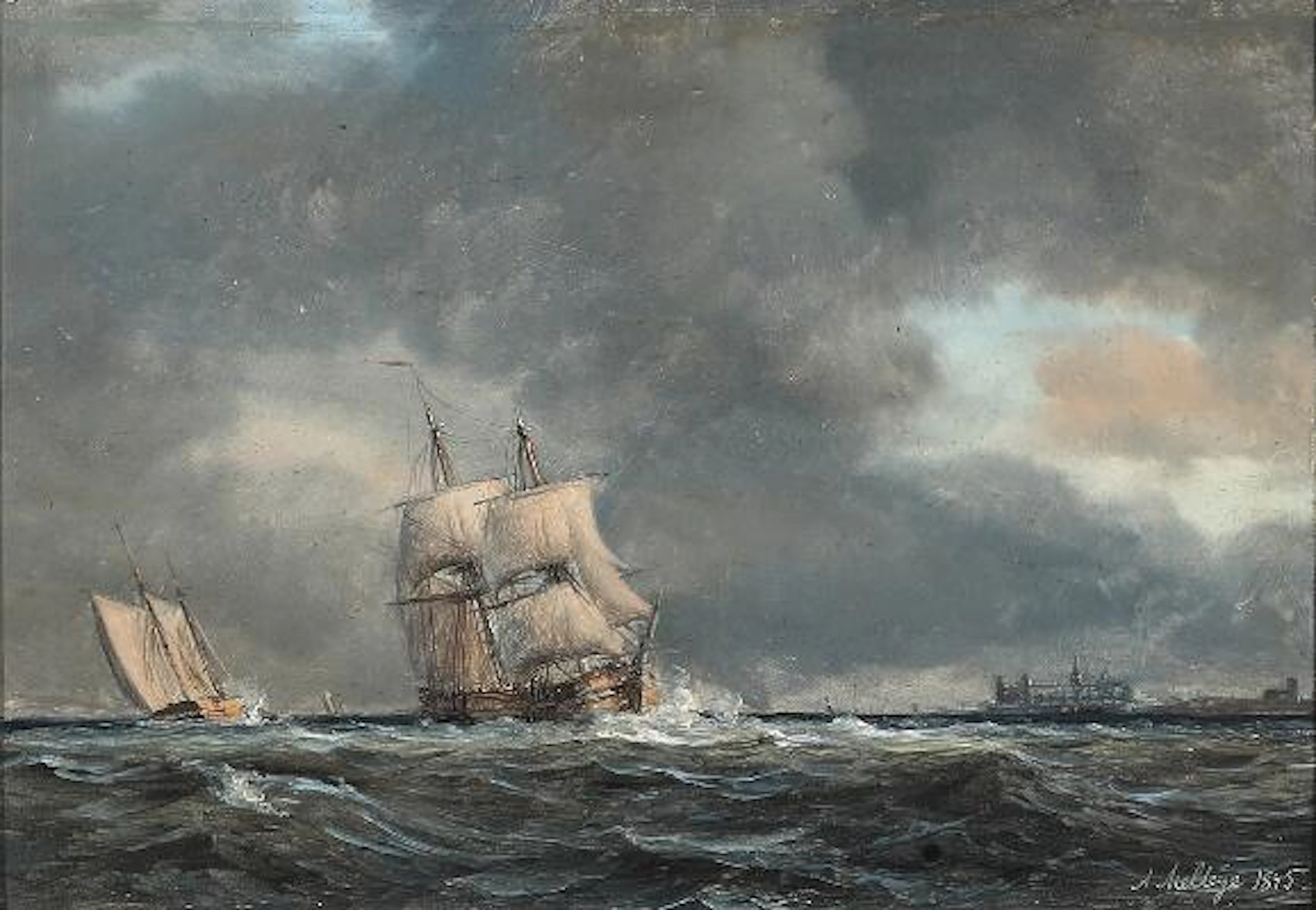 Anton Melbye: Seascape with two sailing ships outside Kronborg Castle.