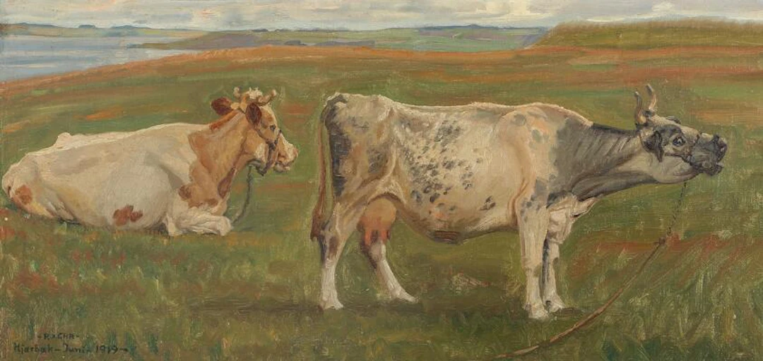 Rasmus Christiansen: Cows on the bank of Hjarbaek Fiord. Signed and