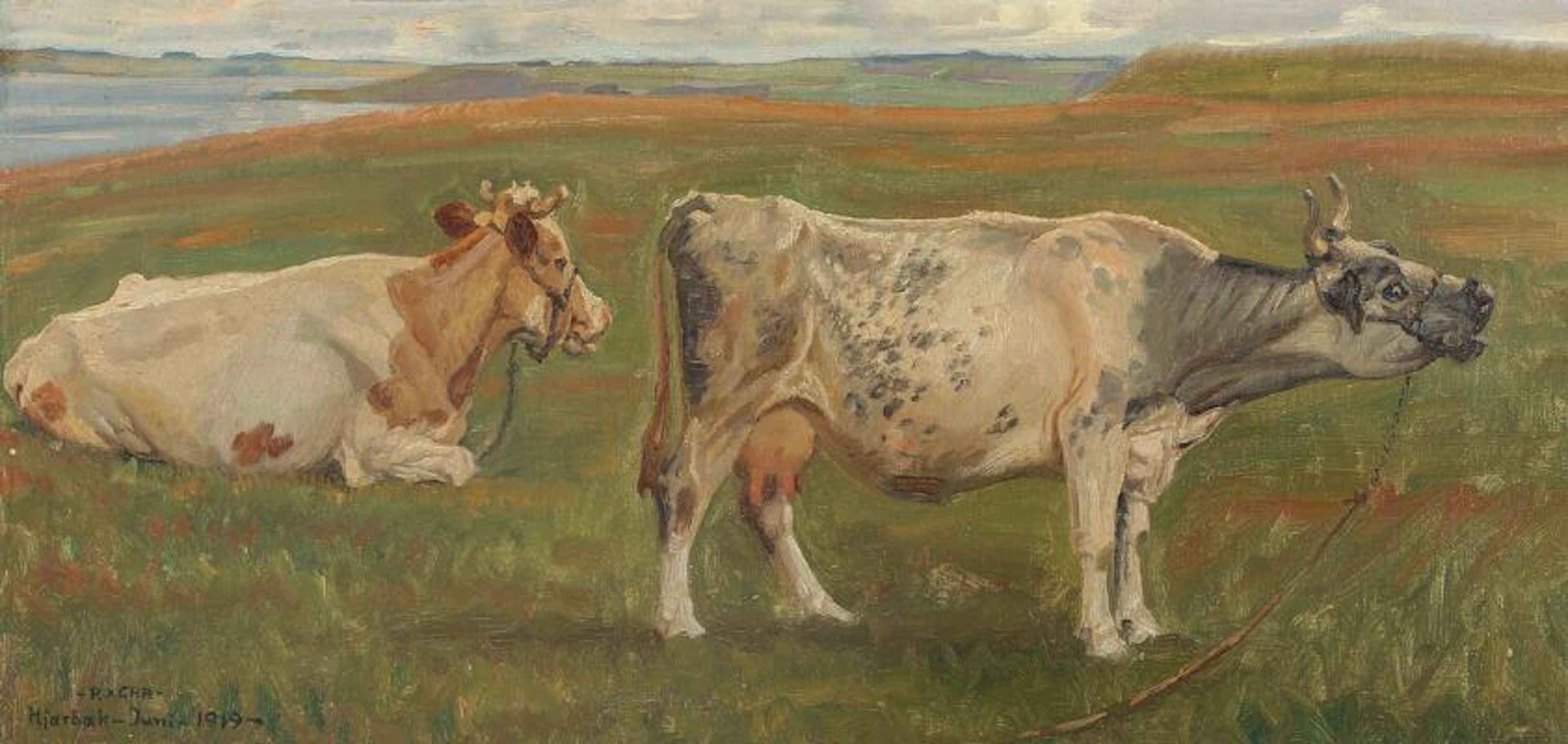 Rasmus Christiansen: Cows on the bank of Hjarbaek Fiord. Signed and
