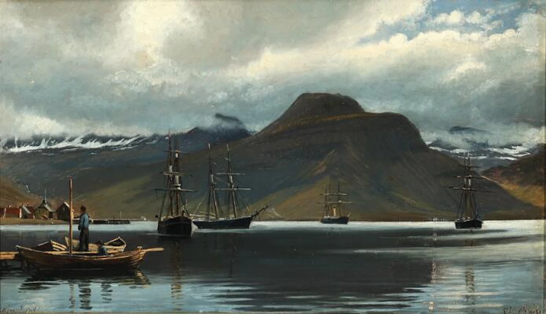 Christian Blache: Ships near Ísafjörður in Iceland. Signed and dated
